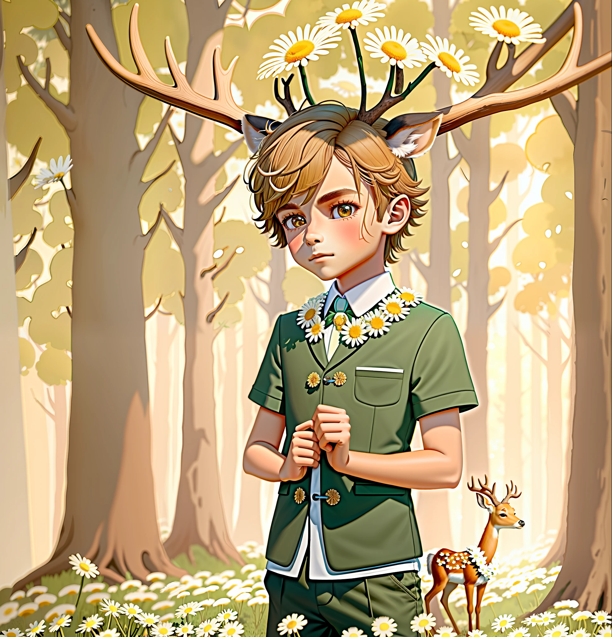 Anthropomorphic boy deer, Boy fawn, boy with deer antlers, boy with deer ears, boy with deer tail, standing against the background of a forest, around a pine tree, standing in a field of daisies, many daisies, daisies, 777