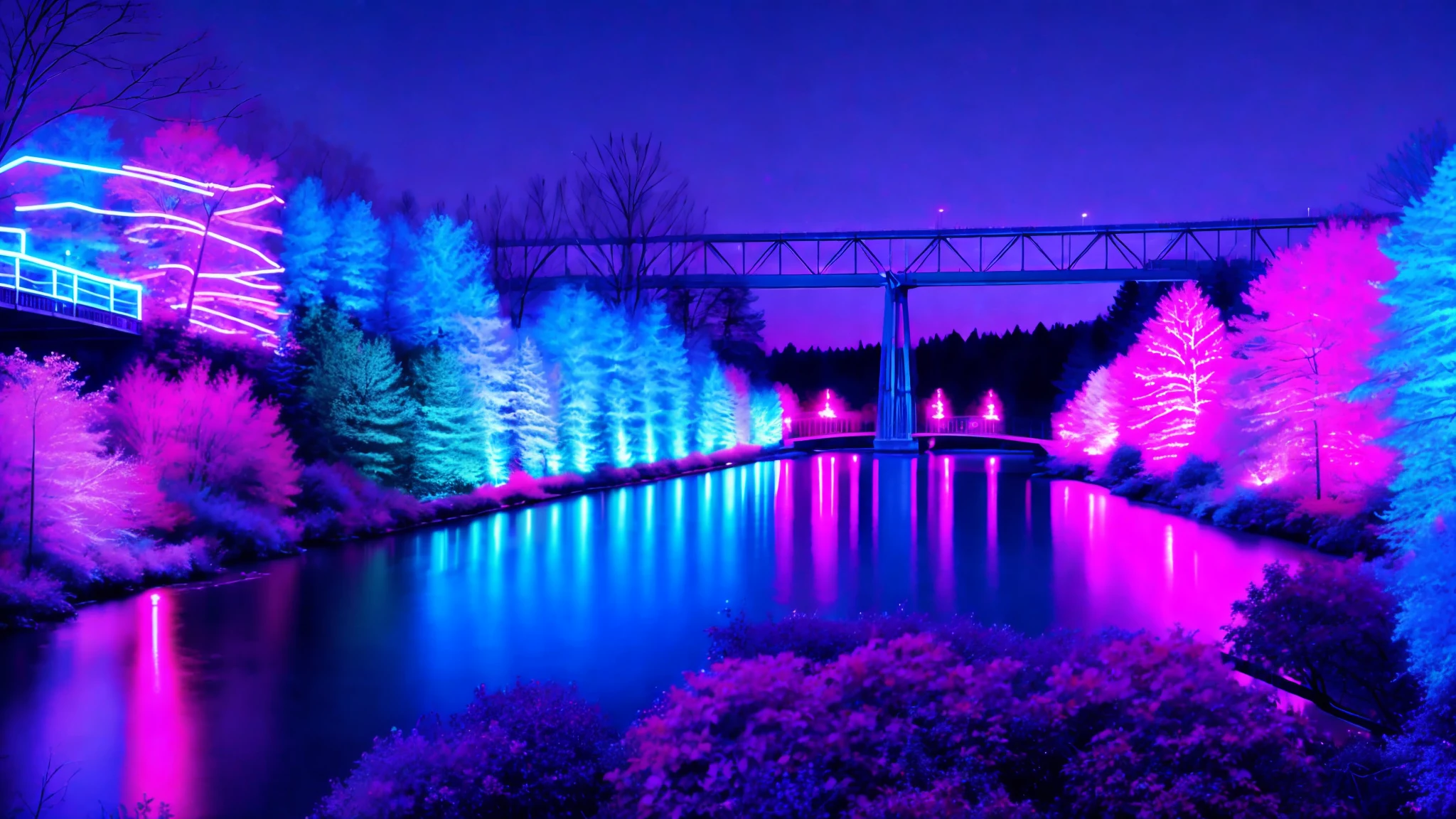 (neon pink and blue, colored lights of trees),(illuminated bridge), focus on the bridge.