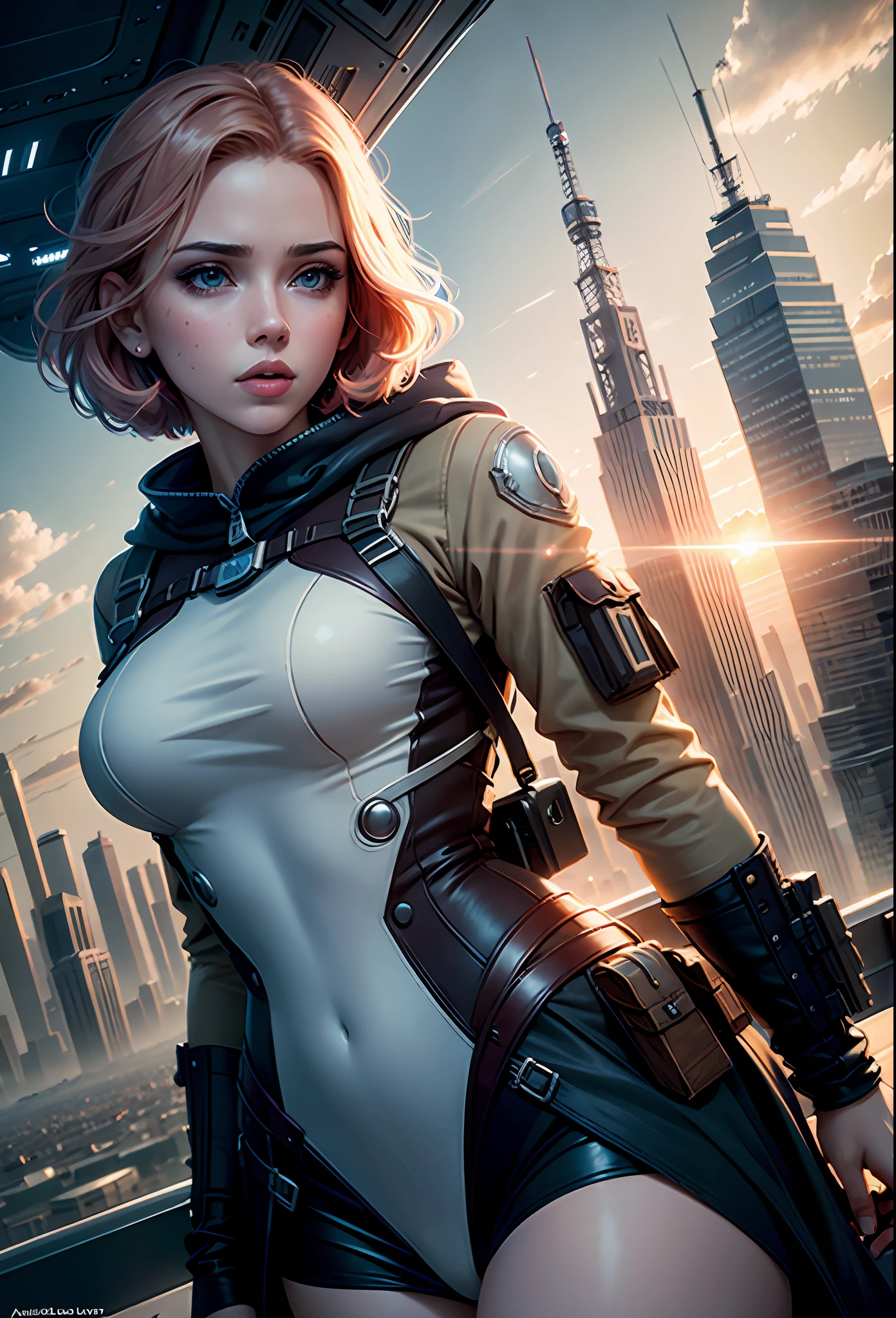 Realistic visuals, captivating beauty, dramatic contrasts, soft lighting, delicate warmth, soft light, ultra high definition, colorful, best quality, perfect female figure, Scarlett Johansson's face, high dynamic range, long eyelashes, unparalleled masterpieces, pale skin, makeup,
Nova 1 Girl, Solo, Short Hair, Lying on Airship, Tower, Landscape, Airplane, Steampunk, Bird, Cloud, Sky, Gear, No Man, Building, Outdoor, City, Science Fiction, Sunset, Crane (Machine)