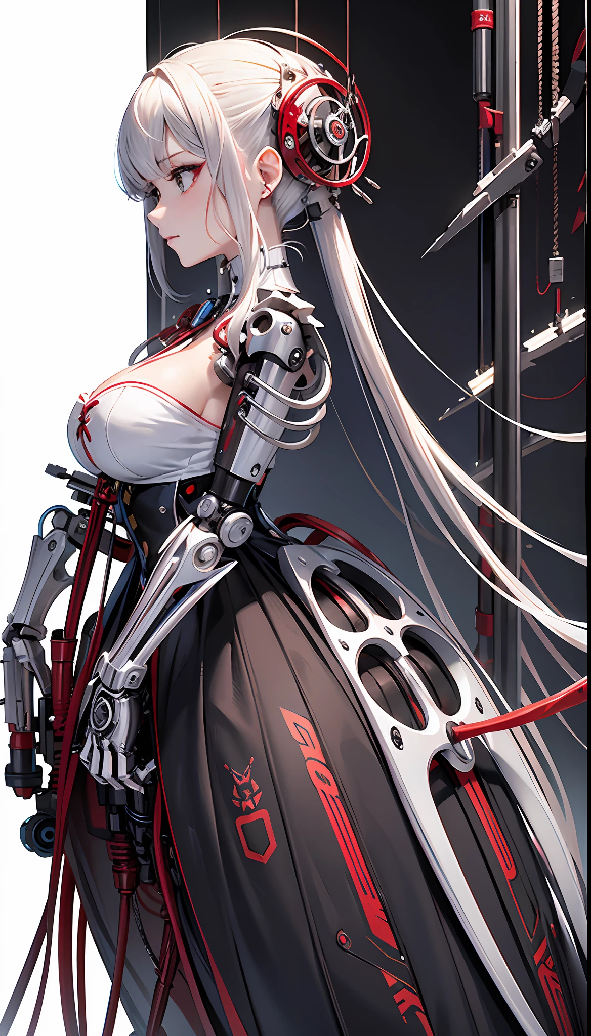 (Masterpiece, Top Quality, Best Quality, Official Art, Beautiful Indulgence: 1.2), (1 Girl: 1.3), Very Detailed, Colorful, Supreme Detail ((Ultra Detailed)), (Highly Detailed CG Illustration), (Very Delicate and Beautiful)), (From the Side), Cinematic Light, (1 Machine Girl)), Solo, Full Body, (Mechanical Joints: 1.2), ((Mechanical limbs)), (Blood vessels connected to tubes), ( Mechanical vertebrae attached to the back), ((Mechanical cervical vertebrae attached to the neck)), expressionless, (Wires and cables attached to the neck: 1.2), (Head wires and cables: 1.2) (Character focus), (Lower body integrated with mechanical devices), Science fiction, White background, (Blood: 1.5), cruelty, absurdity, erotic rotesque, fusion with machines
