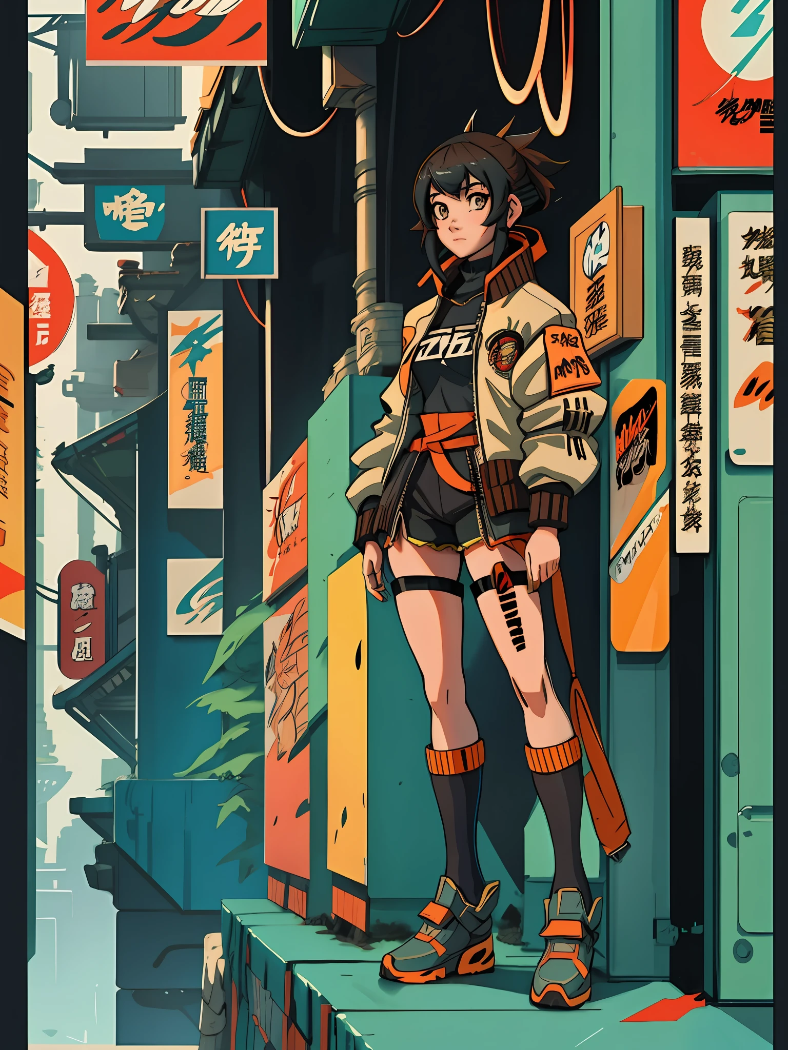 anime girl in short shorts and jacket standing next to giant robot, artwork in the style of guweiz, cyberpunk anime girl mech, trending on cgstation, guweiz, by Russell Dongjun Lu, digital cyberpunk anime art, ross tran 8 k, guweiz on artstation pixiv, girl in mecha cyber armor