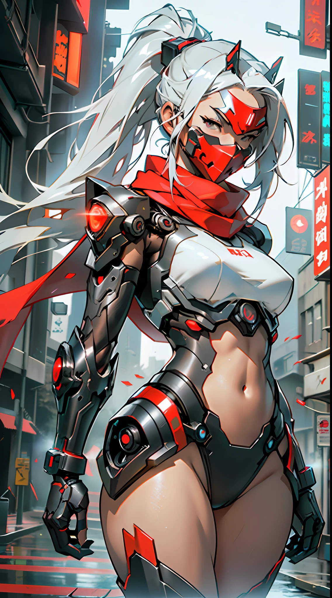 (Pretty Young Woman, Ninja: 1.3, Mecha, Half-Covered Glowing Mecha Mask, Full Mech Glows Red, DSLR, Ray Tracing, 3D, Concept Art, Action Painting, Film Lighting, Chiaroscuro) :(1.3). The long silvery-white ponytail has messy hair. Masterpiece-like 8K high resolution, (Murderous Death and Fear Shrouded): 0.5, a long, long red scarf fluttering messily in the wind, cyberpunk city as a backdrop. "