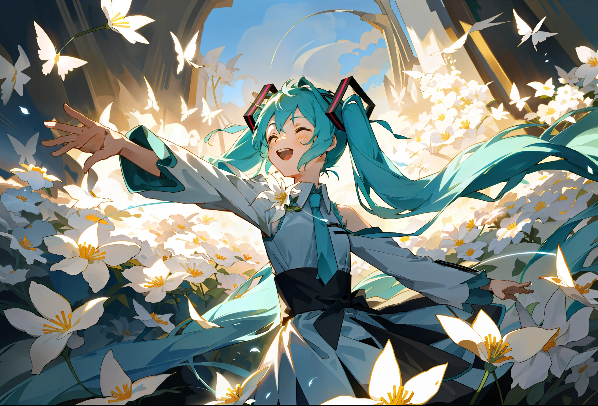 A little girl, delicate face, fluttering delicate hair, fluttering white flowers, flowing simple background, dramatic light, dramatic shadows, ray tracing, Hatsune Miku, the general figure gradually scatters into flowers, laughing, singing, reaching out