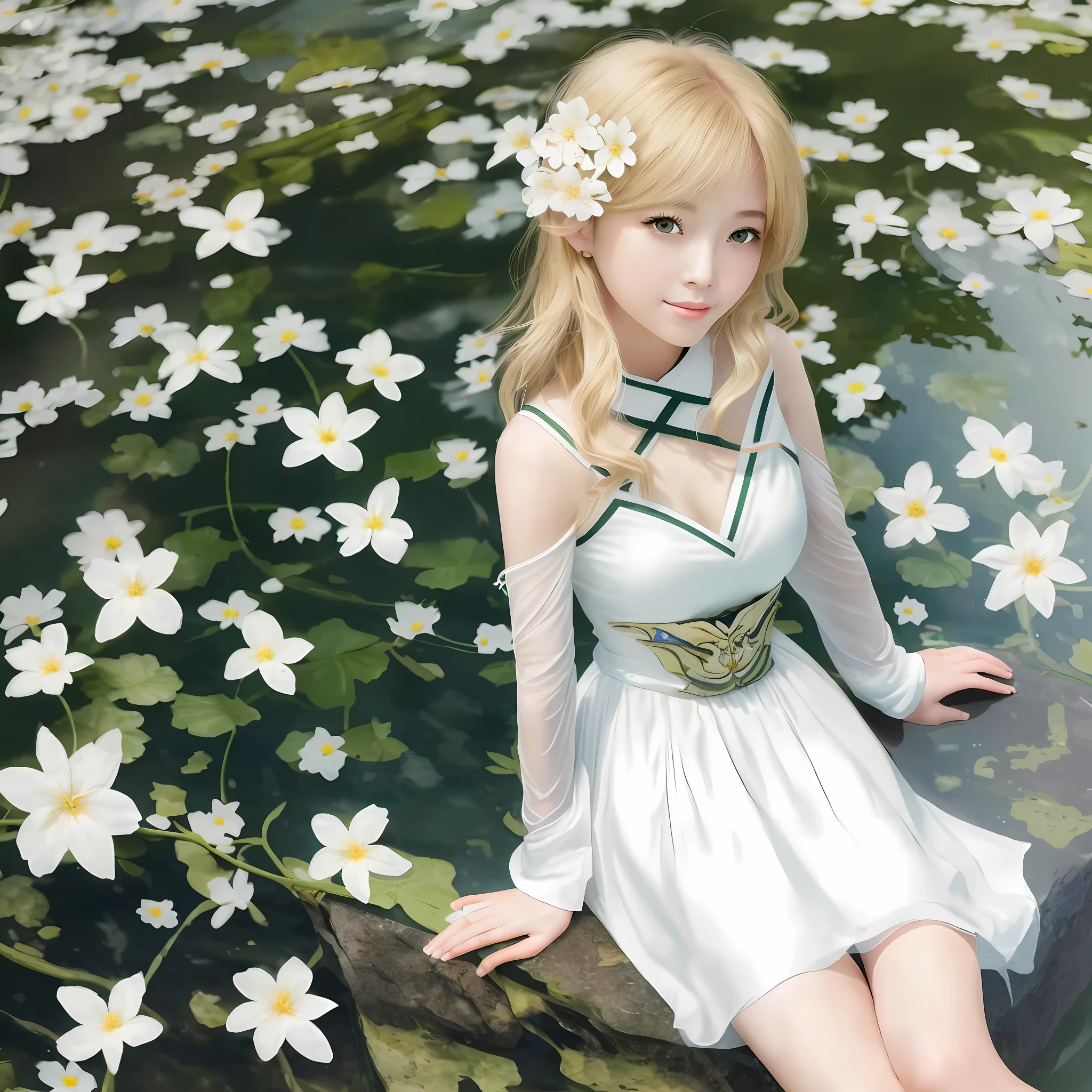 Masterpiece, Best quality, beautiful young 1 girl, full-length, Lumine (Genshin Impact), blonde hair, gentle look, looks at the viewer, background water and flowers