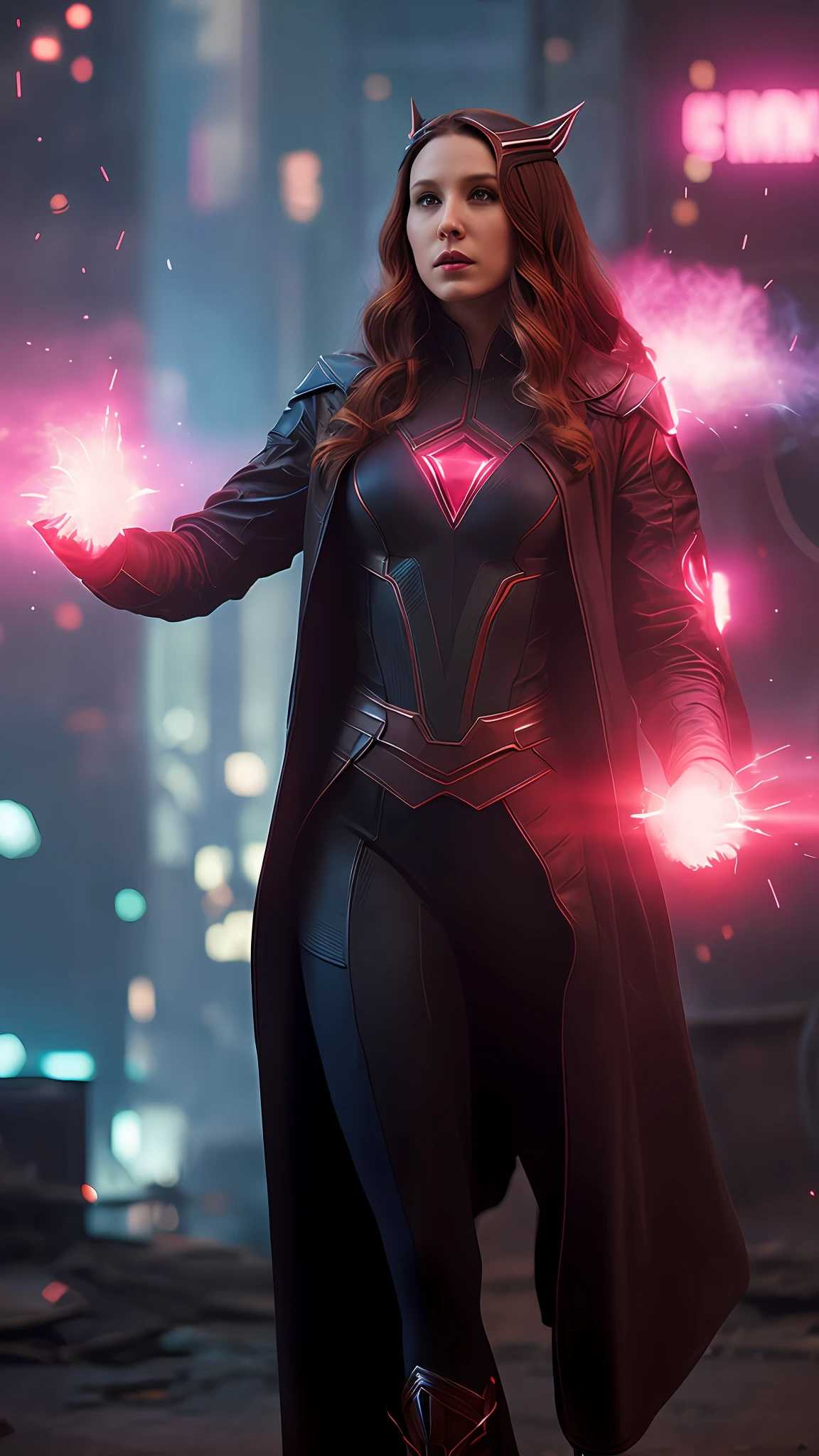Wanda the scarlet witch, releasing from her hands magic red, sexy, perfect body, cyberpunk, model fitnes, thin, side position, photography, diffuse side lighting, soft details, octane, artstation trend, luminous particles in the air, scary scenery, ultra high detail, ultra realistic, cinematic, dark scenery, fog at night, unreal engine, 16k, ((by Marvel))