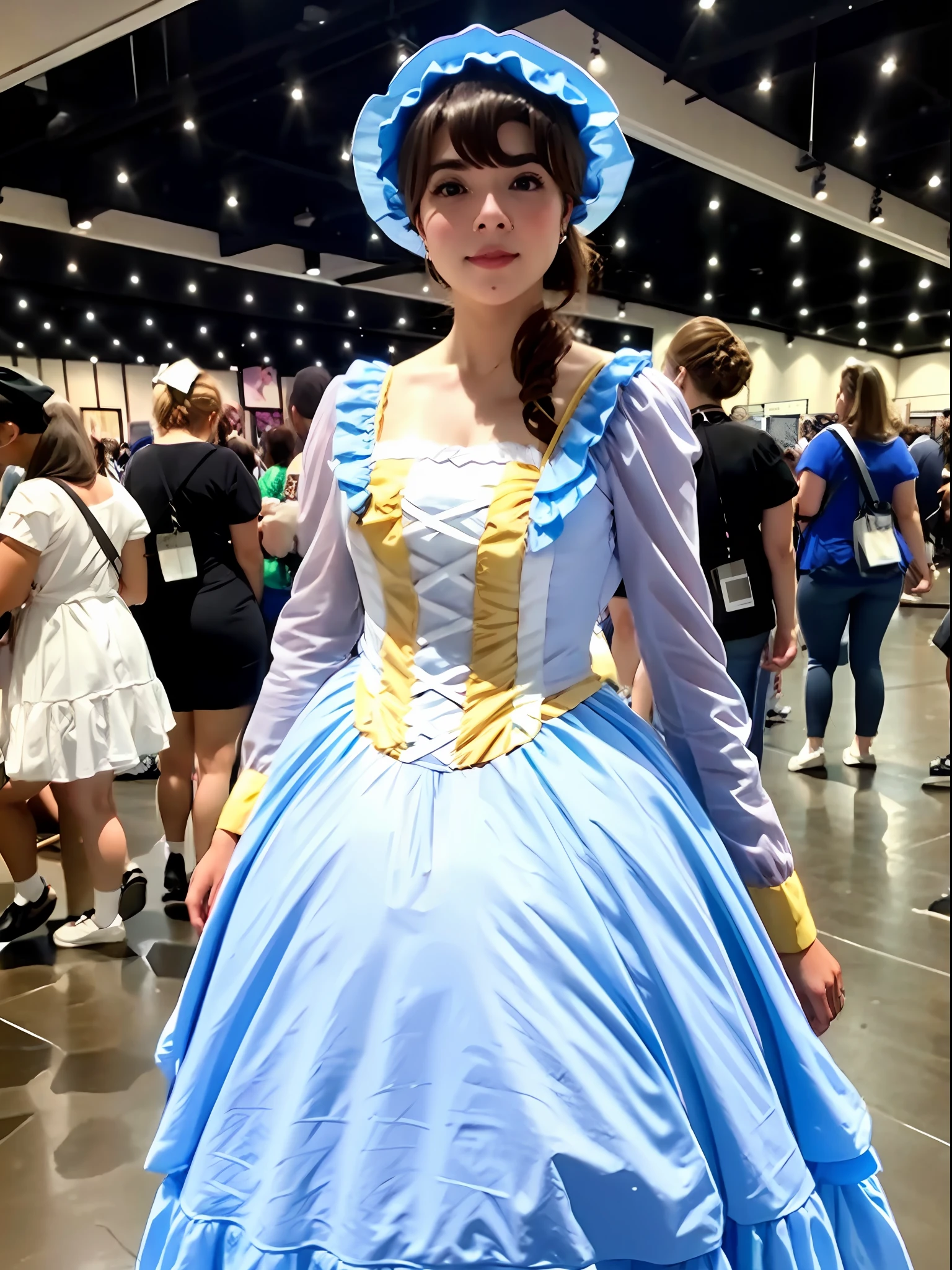 pov,natural lighting,1girl, makeup, solo,mix4,
lolita_dress,standing ,bonnet,
crowd, cosplay,