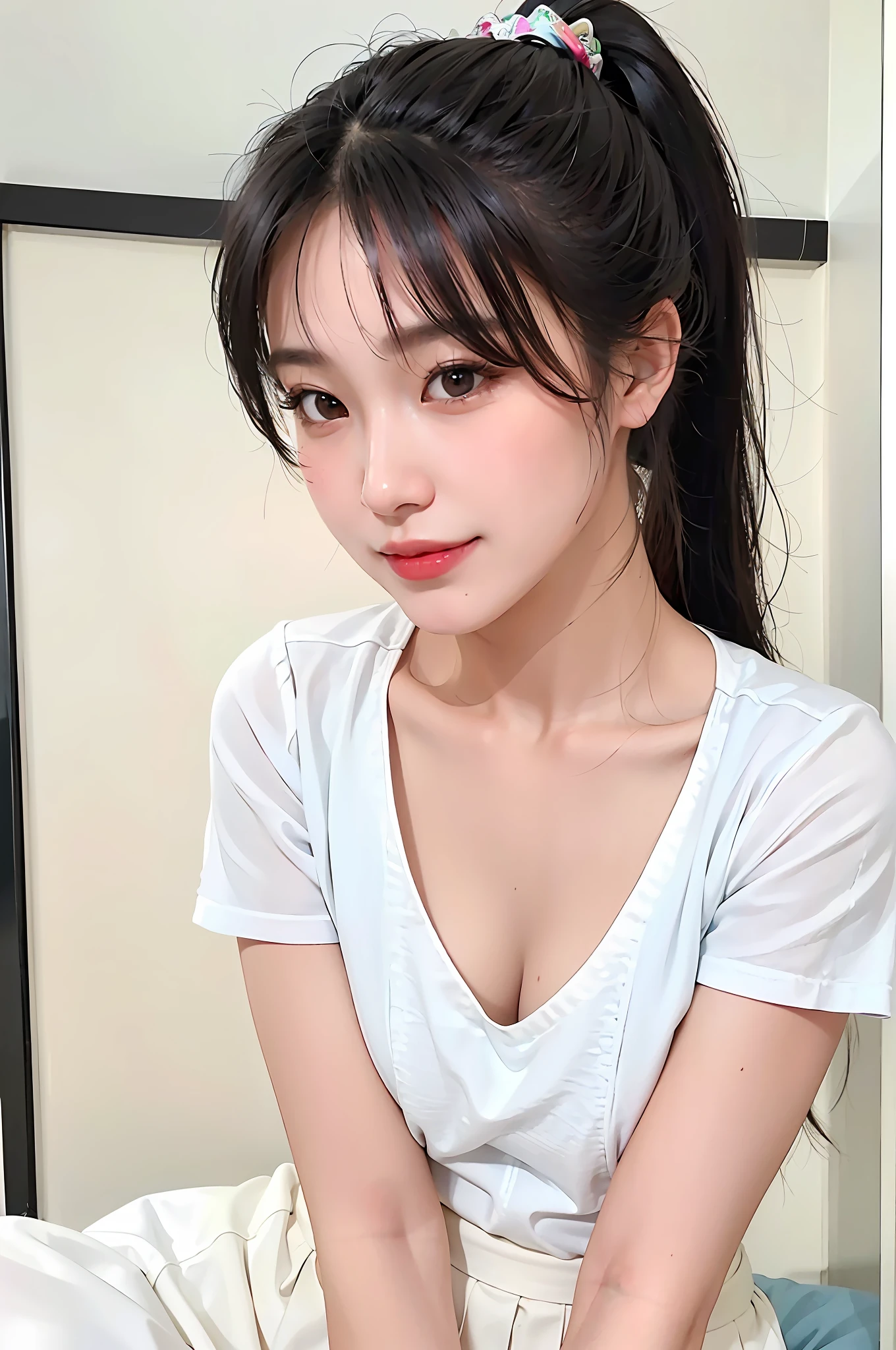 Top Quality,Ultra High Definition,(Photorealistic:1.4),Sunset light, Ponytail, Korean woman, Detail photo, smile, sexy, black casual attire, black skirt, facing camera, closeup, teen
