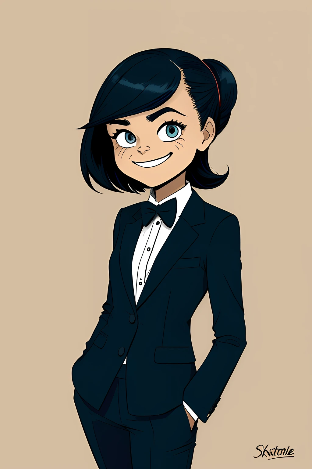 (1girl), A beautiful businesswoman wearing an elegant suit, smiling, Skottie Young style