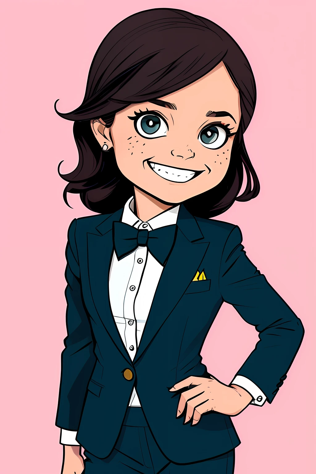 (1girl), A beautiful businesswoman wearing an elegant suit, smiling, Skottie Young style