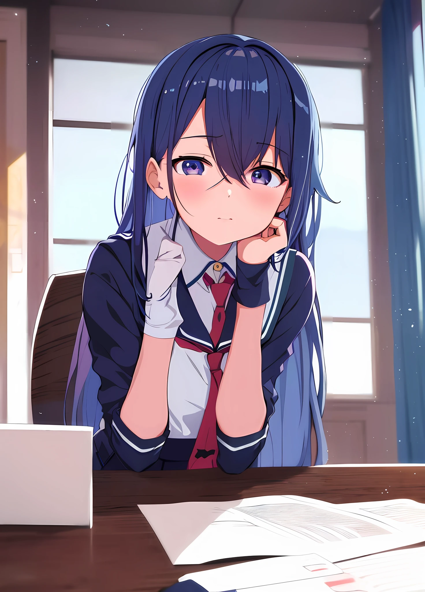 anime girl sitting at a desk with a book and pen, anime moe artstyle, (anime girl), cute anime girl, anime visual of a cute girl, anime style 4 k, beautiful anime high school girl, anime. soft lighting, young anime girl, an anime girl, 4k anime wallpaper, 4 k manga wallpaper, iwakura lain, anime girl