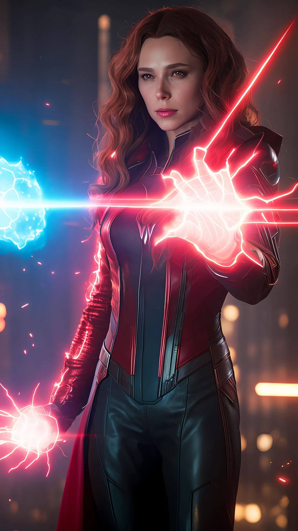 Wanda the scarlet witch, releasing from her hands magic red, sexy, perfect body, fire involving the character, cyberpunk, fitnes model, thin, side position, photography, diffuse side lighting, soft details, octane, artstation trend, luminous particles in the air, scary scenery, ultra high detail, ultra realistic, cinematic, dark scenery, fog at night, unreal engine, 16k, ((by Marvel))