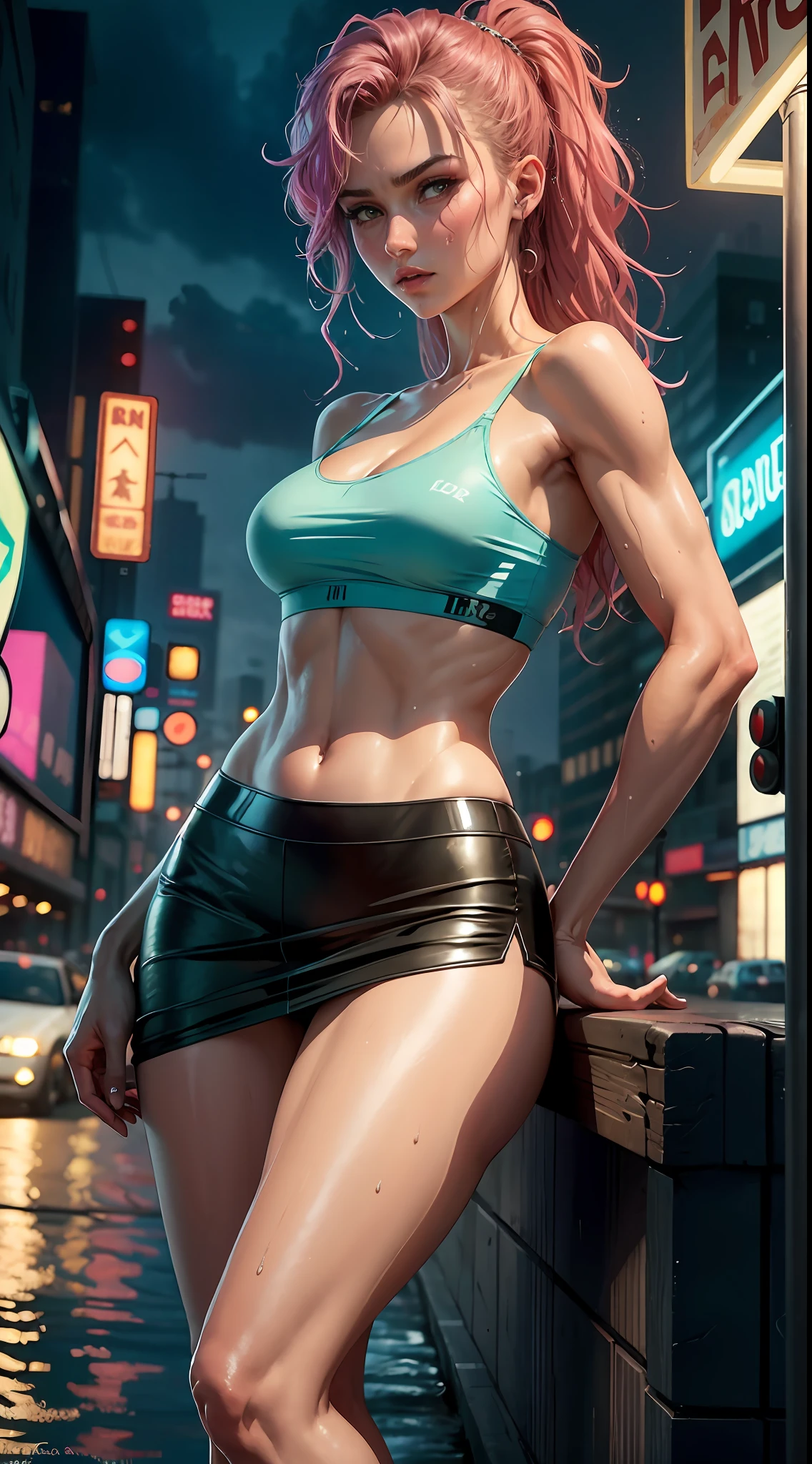 Highly detailed 4k realistic photo ((whole body, including legs)) of the beautiful 18-year-old turquoise-haired Anglo-Saxon girl with sweaty turquoise hair with ((pointed jaw)) and perky breasts, in wet underwear with a wet and transparent bra with a deep neckline, evening, beautifully drawn hands, (cyberpunk: 1.2), neon lights, ramen shot, neon signs,  cars, tank top wet, small skirt