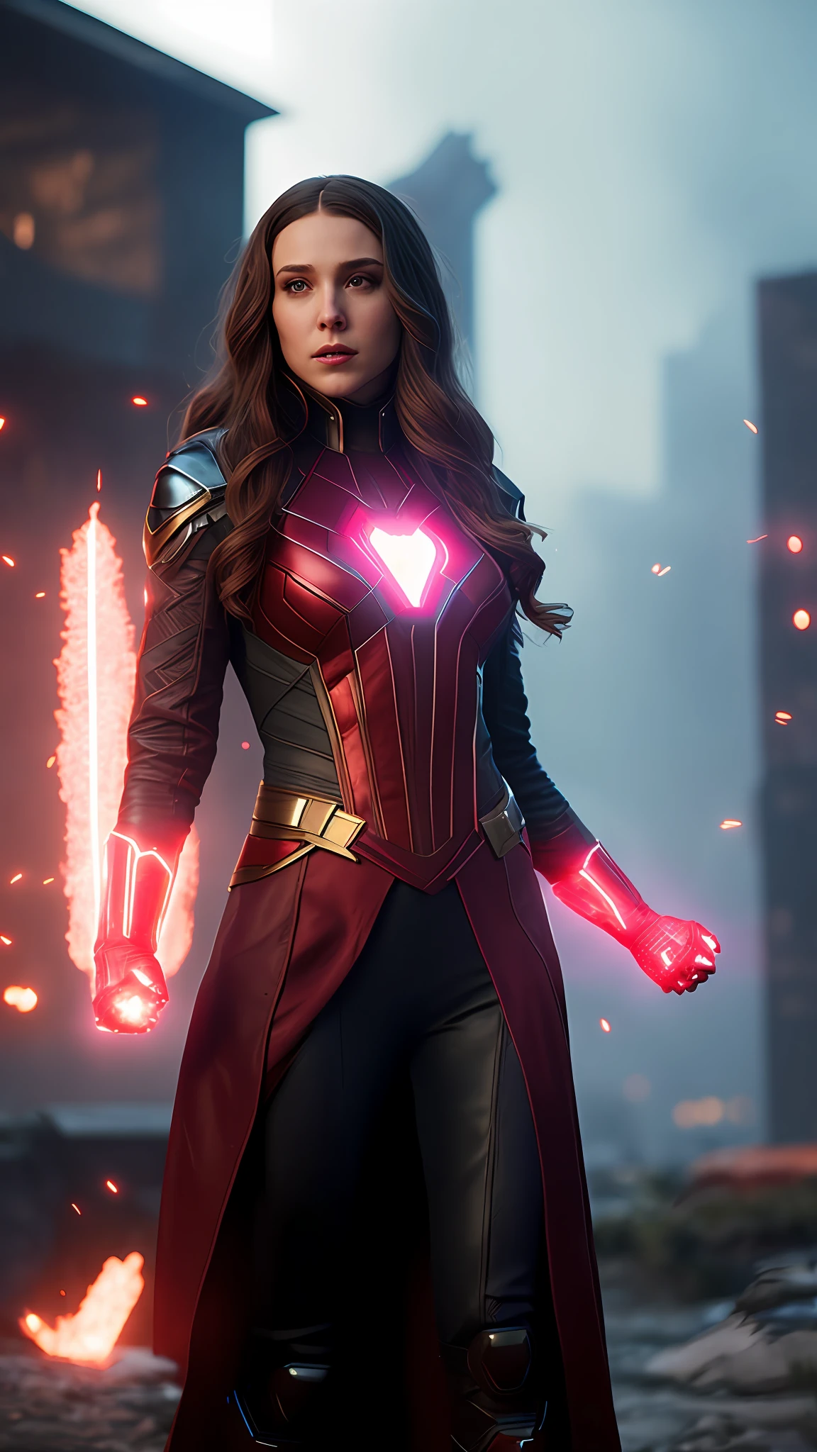 Wanda the scarlet witch, releasing from her hands magic red, sexy, perfect body, fire involving the character, cyberpunk, fitnes model, thin, side position, photography, diffuse side lighting, soft details, octane, artstation trend, luminous particles in the air, scary scenery, ultra high detail, ultra realistic, cinematic, dark scenery, fog at night, unreal engine, 16k, ((by Marvel))