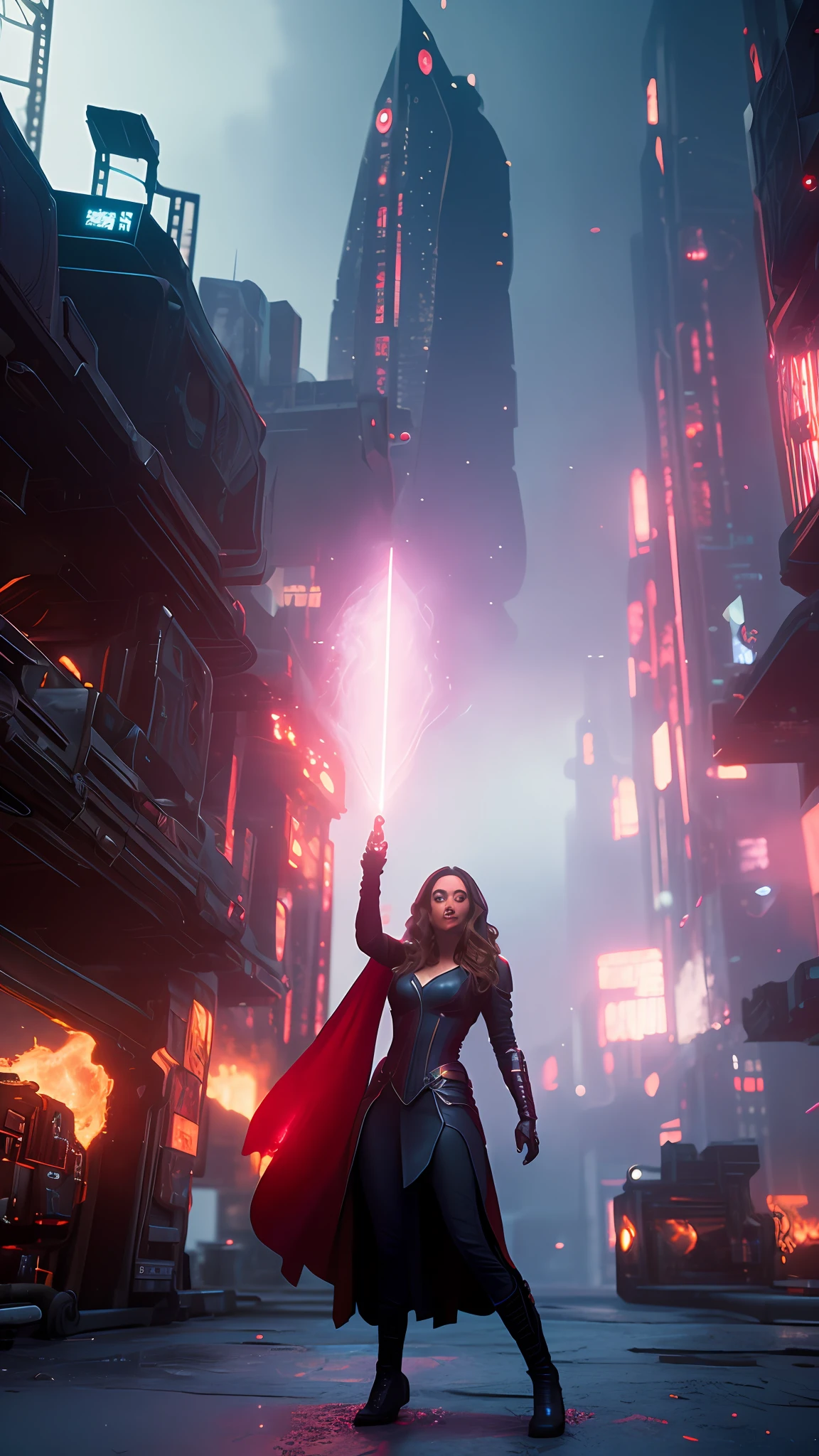 Wanda the scarlet witch, releasing from her hands magic red, sexy, perfect body, fire involving the character, cyberpunk, fitnes model, thin, side position, photography, diffuse side lighting, soft details, octane, artstation trend, luminous particles in the air, scary scenery, ultra high detail, ultra realistic, cinematic, dark scenery, fog at night, unreal engine, 16k, ((by Marvel))