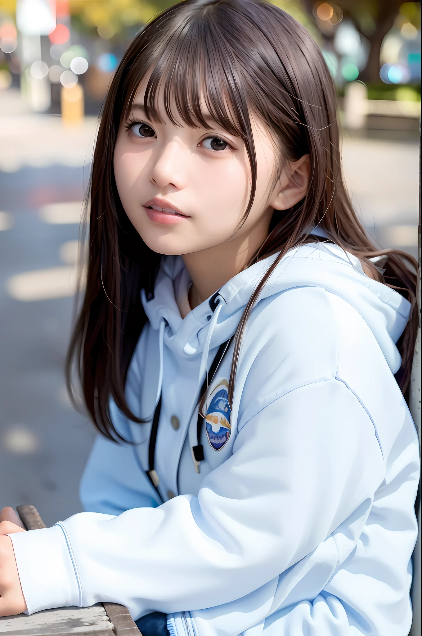 (skin blemish:1.2), (skindentation), black eye, 1woman, 25yo, (((woman))), solo, realistic, best quality, photorealistic, masterpiece, 8k, high res, solo, extremely detailed face, (professional lighting, bokeh), (light particles, lens flare, glowing particles:0.6), (dynamic pose:1.2), soft lighting, top angle view, fashionable and trendy atmosphere, japan, (street:1), tokyo, (city), river, ((nighttime)), sky, ((looking at the viewer:1)), (looking at the camera),(portrait:0.6), cowboy shot, gorgeous, walking, keep original facial proportion, wide shoulder, full body, (medium breast), (long hair), brown hair, floating hair, lips, lipstick, seductive smile, floating hair, (smile), (open_mouth), teeth, eye ring, hoodie, hood, ma1 jacket, hood coat, mole, (mole under eye:1),