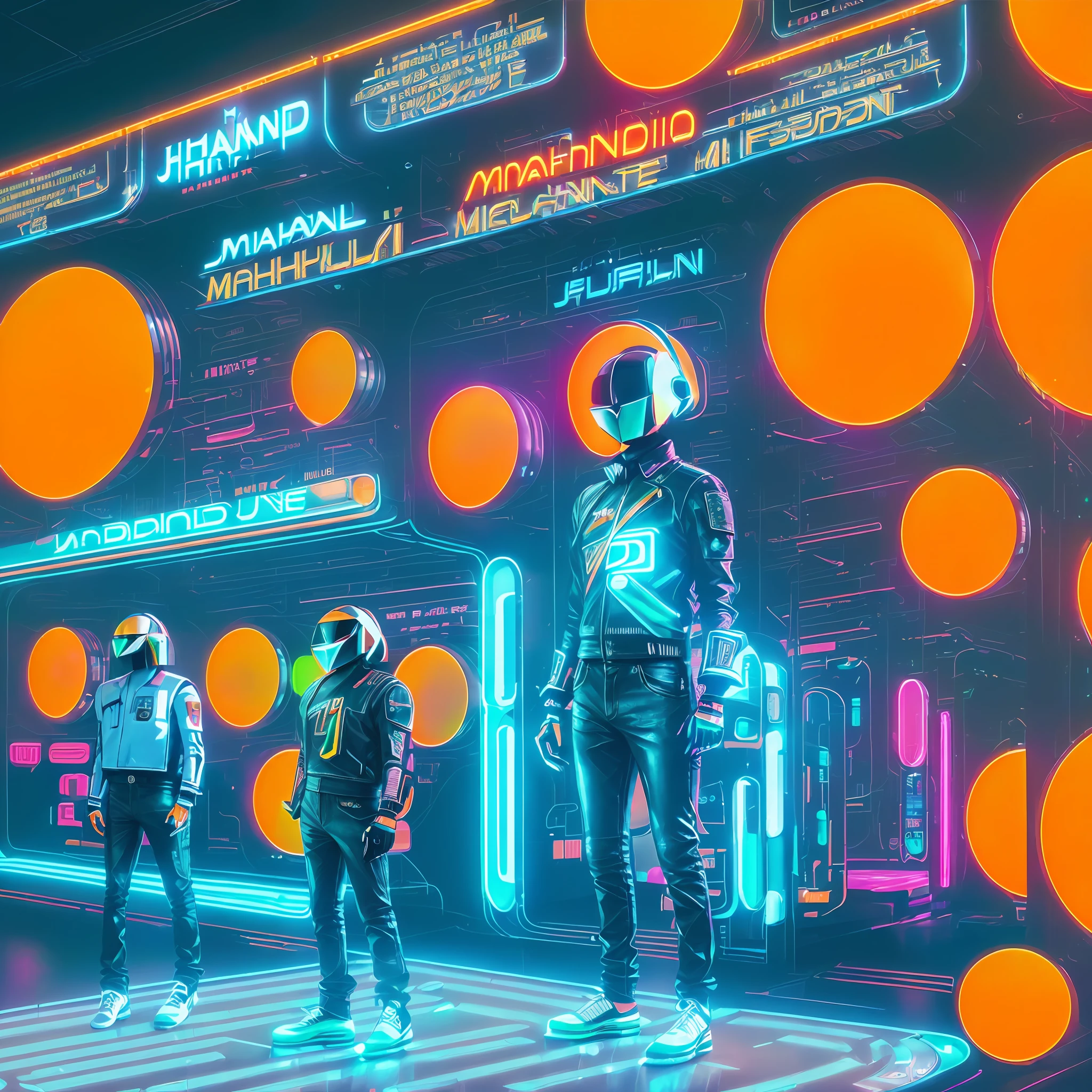 a person standing in front of a wall of neon-lit text, inside an elven city, concept art, by Emiliano Ponzi, by Chris Ware, criteria collection, concept art, dystopian, science fiction, ((8k, high resolution, ultra detailed)), (((sharp lines))), (((perfectly round cutout in the middle of the screen))) ((((futuristic daftpunk style))) ((((futuristic cars))) ((((Mandarin ads on LED panel))) (((similar man Michael Jackson))) ((((bilie Jean))) ((((clothes  futurists)))