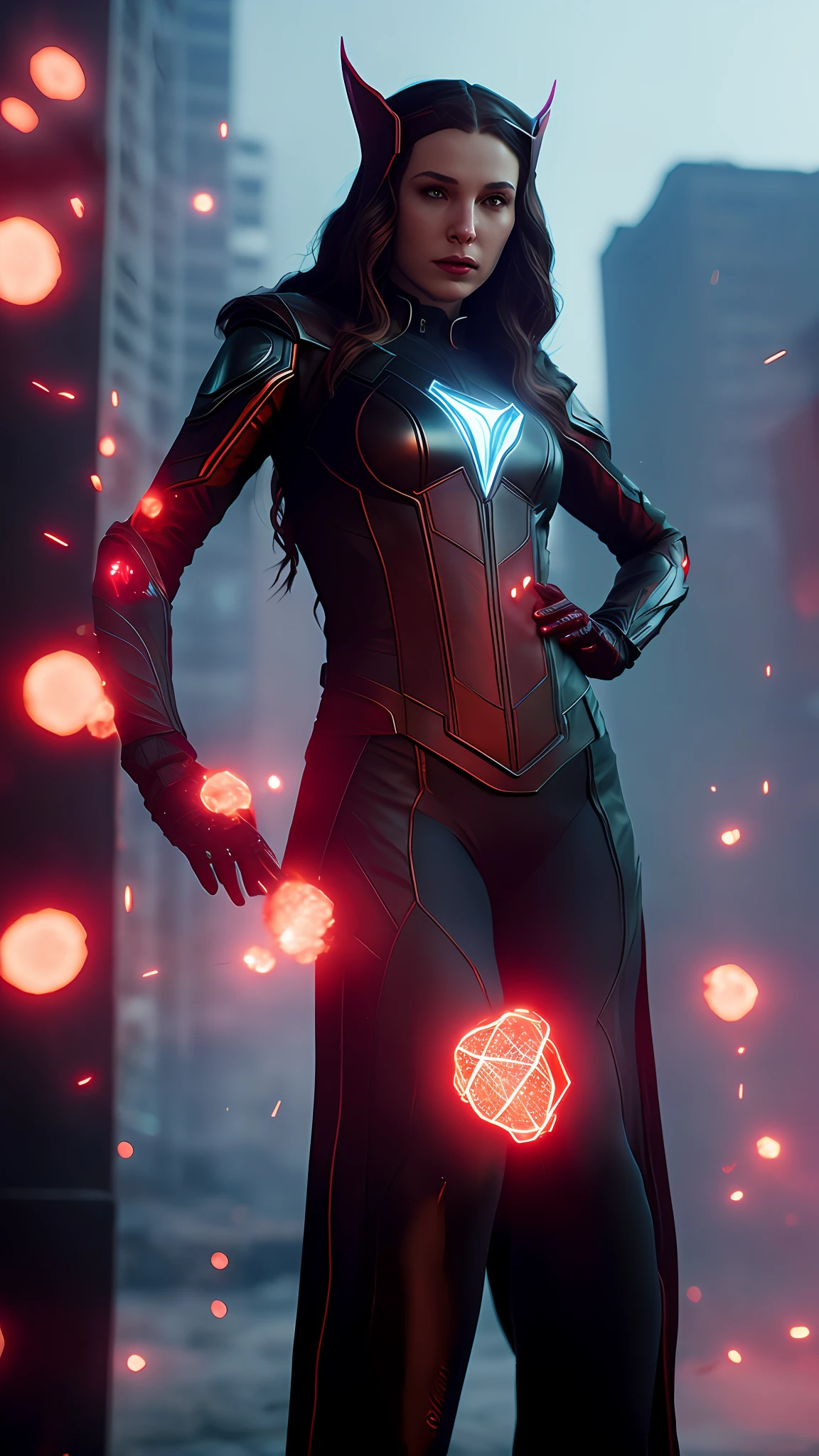Wanda the scarlet witch, releasing from her hands magic red, sexy, perfect body, transparent plastic clothing, fire enveloping character, cyberpunk, fitnes model, thin, side position, photography, diffuse side lighting, soft details, octane, artstation trend, luminous particles in the air, scary scenery, ultra high detail, ultra realistic, cinematic, dark scenery, fog at night, unreal engine engine, 16k, ((by Marvel))