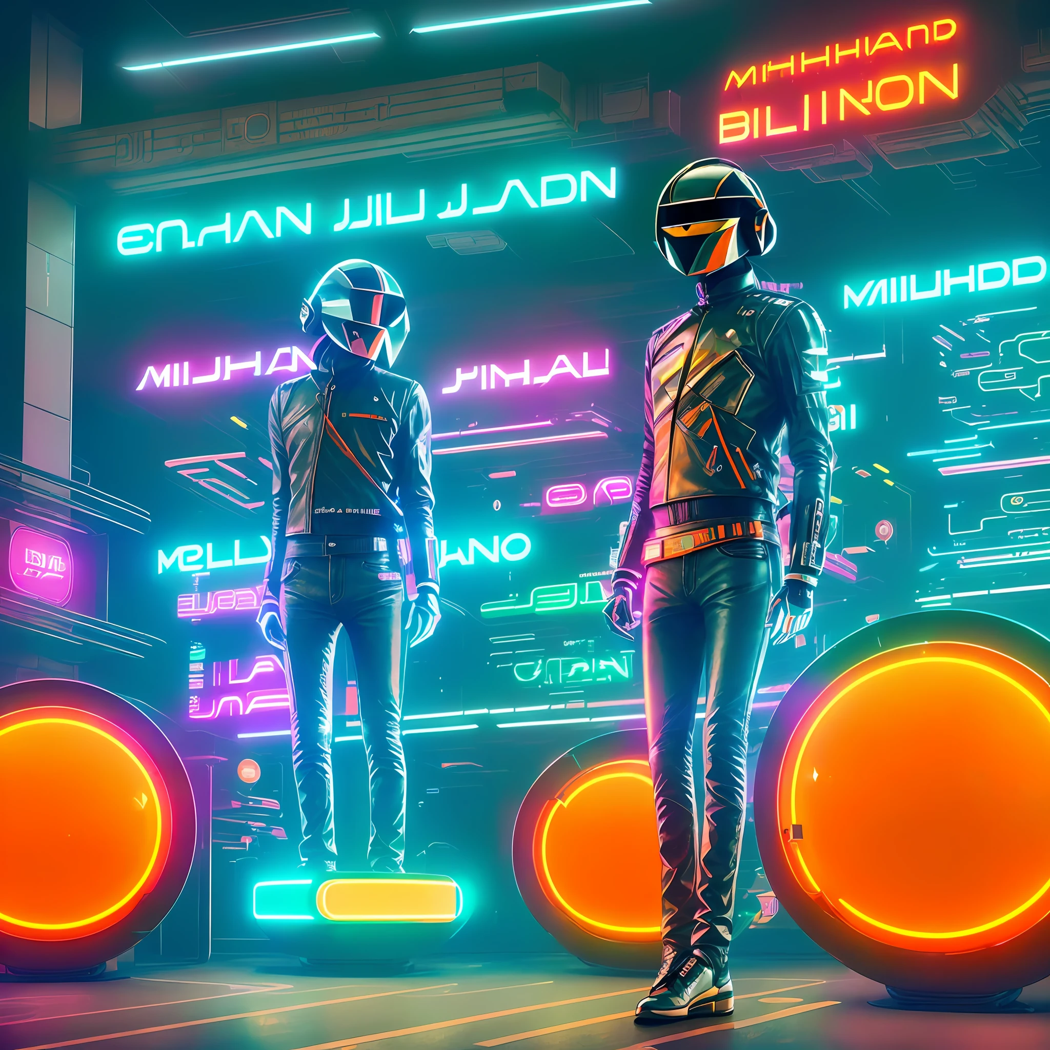 a person standing in front of a wall of neon-lit text, inside an elven city, concept art, by Emiliano Ponzi, by Chris Ware, criteria collection, concept art, dystopian, science fiction, ((8k, high resolution, ultra detailed)), (((sharp lines))), (((perfectly round cutout in the middle of the screen))) ((((futuristic daftpunk style))) ((((futuristic cars))) ((((Mandarin ads on LED panel))) (((similar man Michael Jackson))) ((((bilie Jean))) ((((clothes futurists)))
