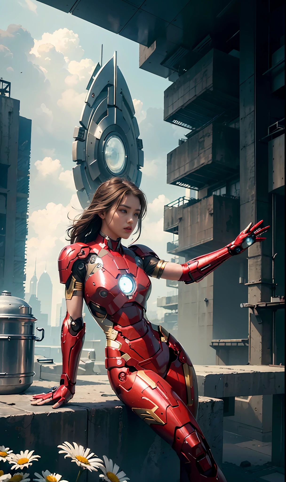 RAW, Masterpiece, Super Fine Photo,, Best Quality, Ultra High Resolution, Photorealistic Photorealism, Sunlight, Full Body Portrait, Amazing Beauty,,Dynamic Pose,Delicate Face,Vibrant Eyes,(From the side), She Wears Futuristic Iron Man Mech, Red and Gold Color Scheme, Detailed Face, Detailed Complex Busy Background, Messy, Gorgeous, Milky White, Highly Detailed Skin, Realistic Skin Details, Visible Pores, Sharp Focus, Volumetric Fog, 8K UHD, DSLR, High Quality, Film grain, fair skin, photorealism, lomography, sprawling metropolis in futuristic dystopia, seen from below, translucent, sea of daisy flowers