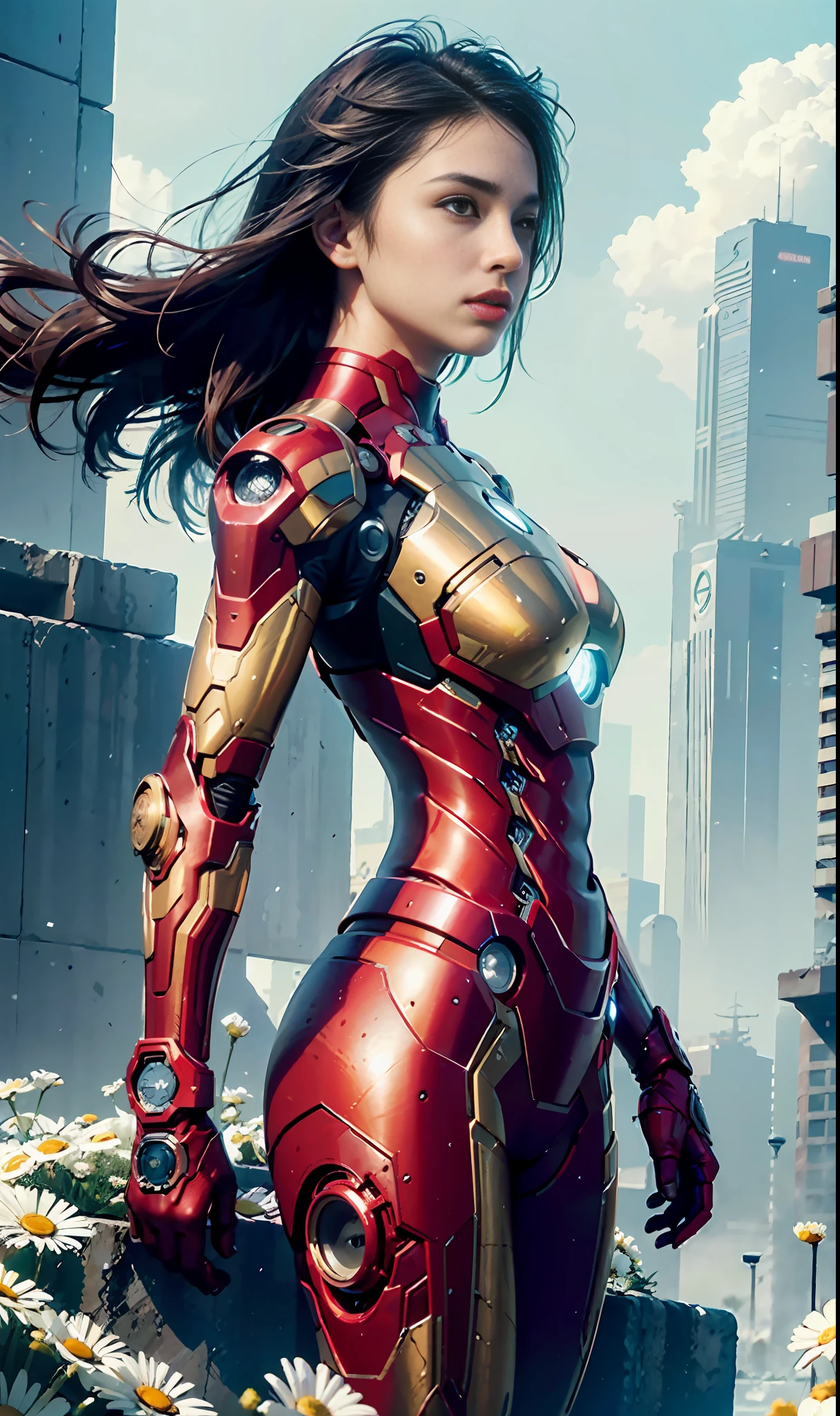 RAW, Masterpiece, Super Fine Photo,, Best Quality, Ultra High Resolution, Photorealistic Photorealism, Sunlight, Full Body Portrait, Amazing Beauty,,Dynamic Pose,Delicate Face,Vibrant Eyes,(From the side), She Wears Futuristic Iron Man Mech, Red and Gold Color Scheme, Detailed Face, Detailed Complex Busy Background, Messy, Gorgeous, Milky White, Highly Detailed Skin, Realistic Skin Details, Visible Pores, Sharp Focus, Volumetric Fog, 8K UHD, DSLR, High Quality, Film grain, fair skin, photorealism, lomography, sprawling metropolis in futuristic dystopia, seen from below, translucent, sea of daisy flowers