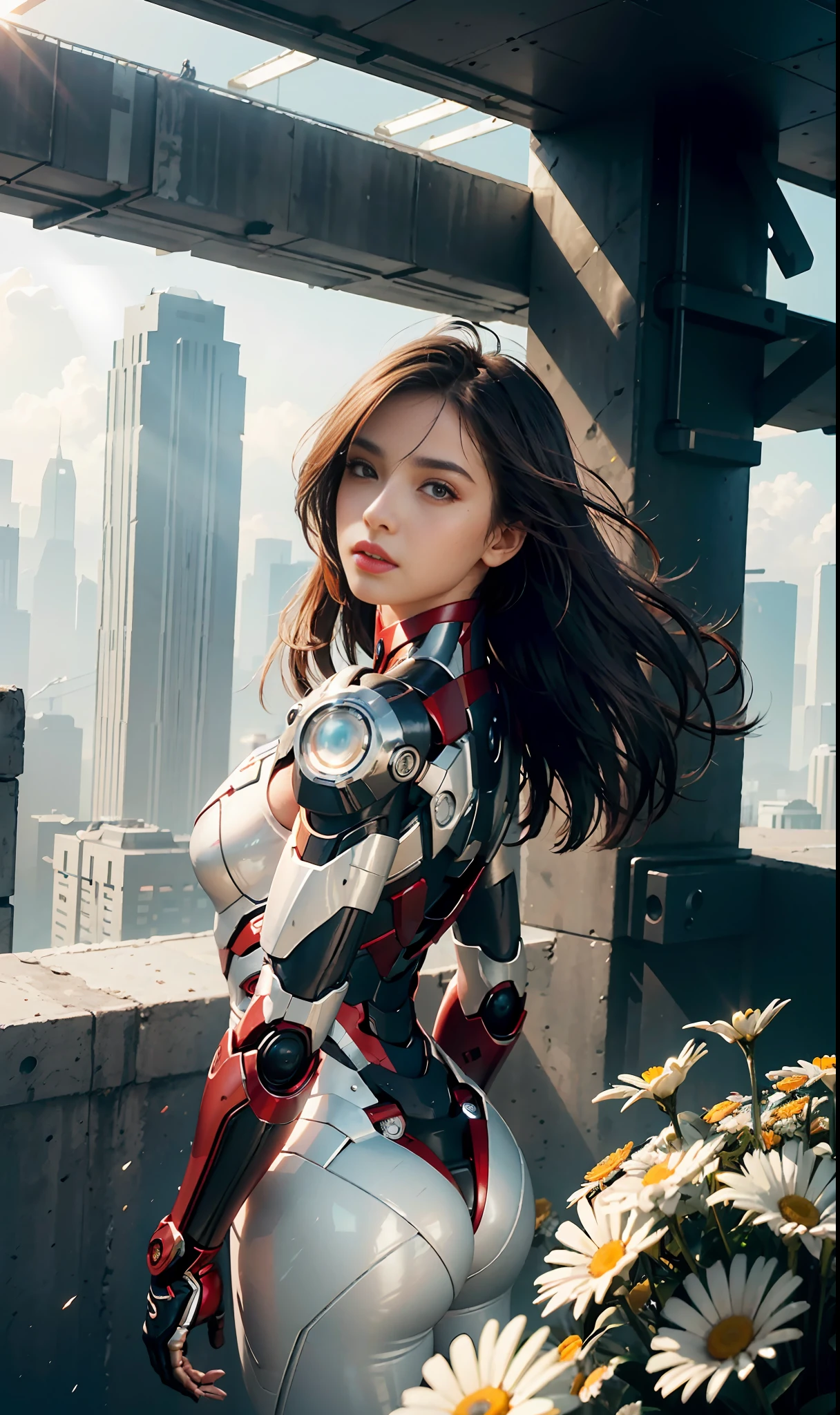 RAW, Masterpiece, Super Fine Photo,, Best Quality, Ultra High Resolution, Photorealistic Photorealism, Sunlight, Full Body Portrait, Amazing Beauty,,Dynamic Pose,Delicate Face,Vibrant Eyes,(From the side), She Wears Futuristic Iron Man Mech, Red and Gold Color Scheme, Detailed Face, Detailed Complex Busy Background, Messy, Gorgeous, Milky White, Highly Detailed Skin, Realistic Skin Details, Visible Pores, Sharp Focus, Volumetric Fog, 8K UHD, DSLR, High Quality, Film grain, fair skin, photorealism, lomography, sprawling metropolis in futuristic dystopia, seen from below, translucent, sea of daisy flowers