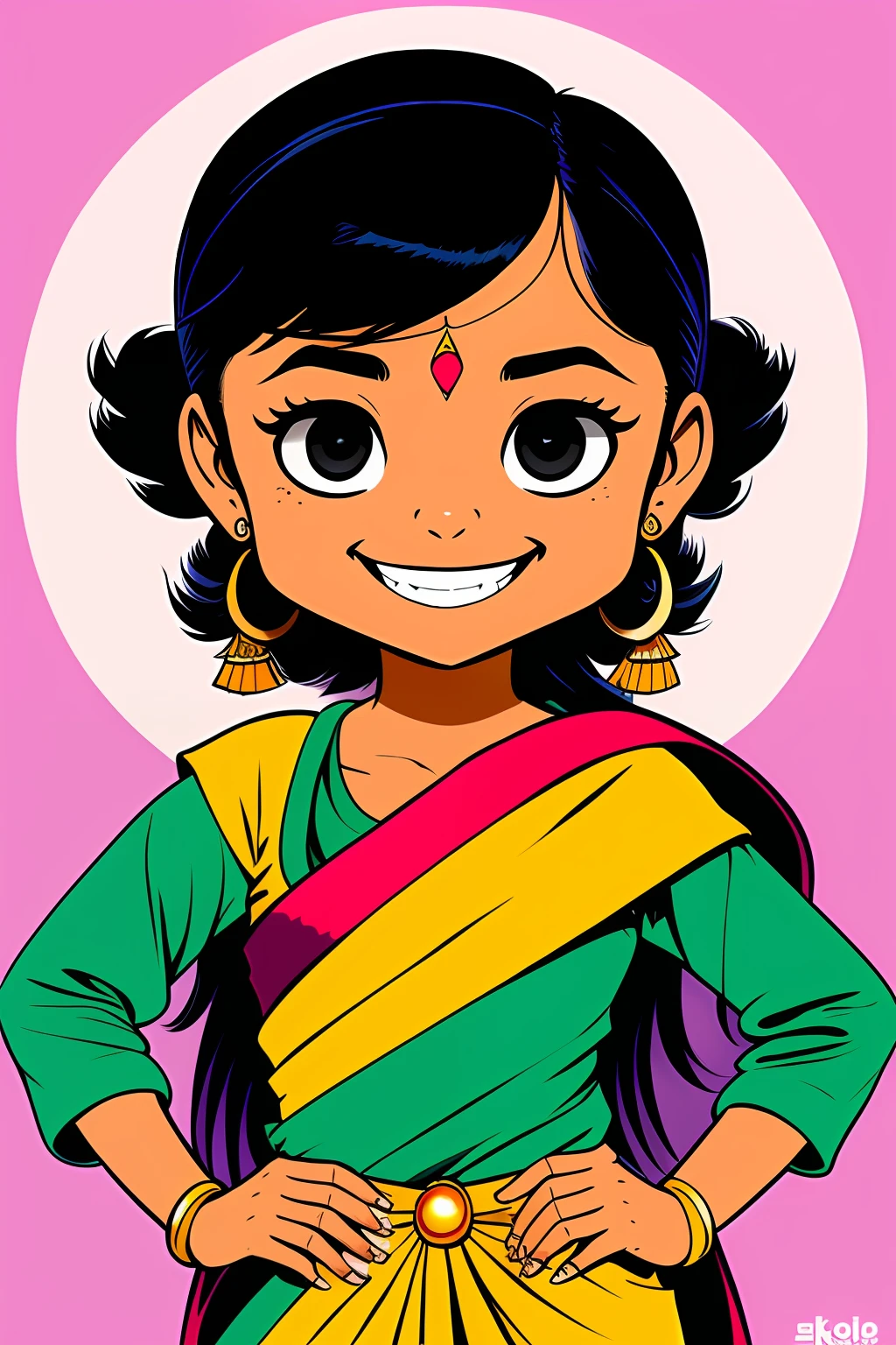 A beautiful Indian woman, smiling, Skottie Young style