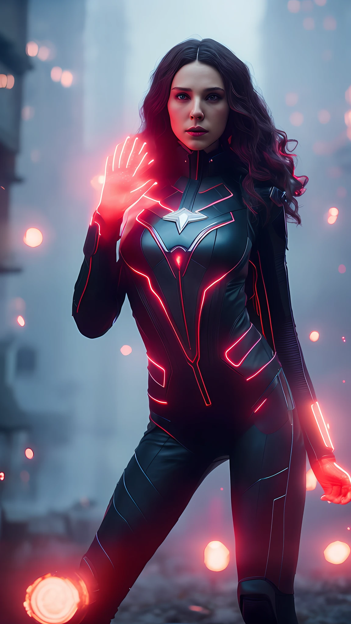 Wanda the scarlet witch, releasing from her hands red magic, sexy, perfect body, ((transparent plastic clothing)), fire involving the character, cyberpunk, fitnes model, thin, side position, photography, diffuse side lighting, soft details, octane, artstation trend, luminous particles in the air, scary scenery, ultra high detail, ultra realistic, cinematic, dark scenery, fog at night, unreal engine engine, 16k, ((by Marvel))