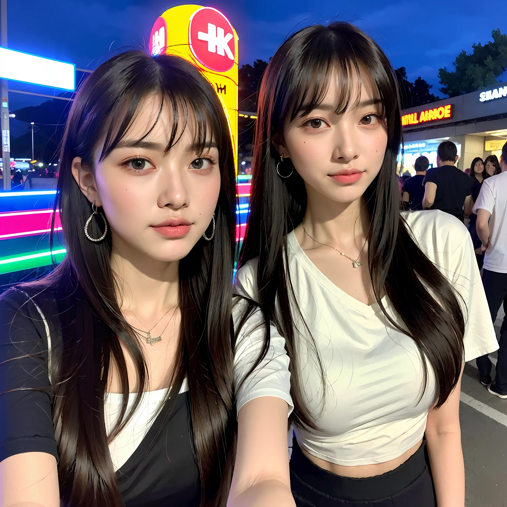 (8k, RAW photo, best quality, masterpiece:1.2), ultra detailed, ultra high res,
(realistic, photo realistic:1.37), portrait, high detail RAW color photo, professional photograph,
an extremely delicate and beautiful, extremely detailed, 8k wallpaper, Amazing, finely detail, huge file size, official art, extremely detailed CG unity 8k wallpaper,
extremely detailed beautiful girl, extremely detailed face, extremely detailed eyes, extremely detailed skin, extremely detailed fingers, extremely detailed nose, extremely detailed mouth,  perfect anatomy, highly detailed background, extremely detailed clothing,
1girl, (18 years old:1.2), teenage, cute girl, famous japanese idol, kawaii,
(small breasts:1.2), realistic body, petite,
fair skin, shiny skin, slender body, good figure,
black hair, long straight hair, (blunt bangs:1.2),
smile, cute, young, cute face, realistic face,
beautifully detailed eyes, drooping eyes,
t shirt, skirt, thigh, necklace, earrings,
looking at viewer, cowboy shot, face the front, standing posture, contrapposto,
outdoors, (night:1.2), neon city, neon light, neon sign, public, crowd,
dynamic lighting, HDR,