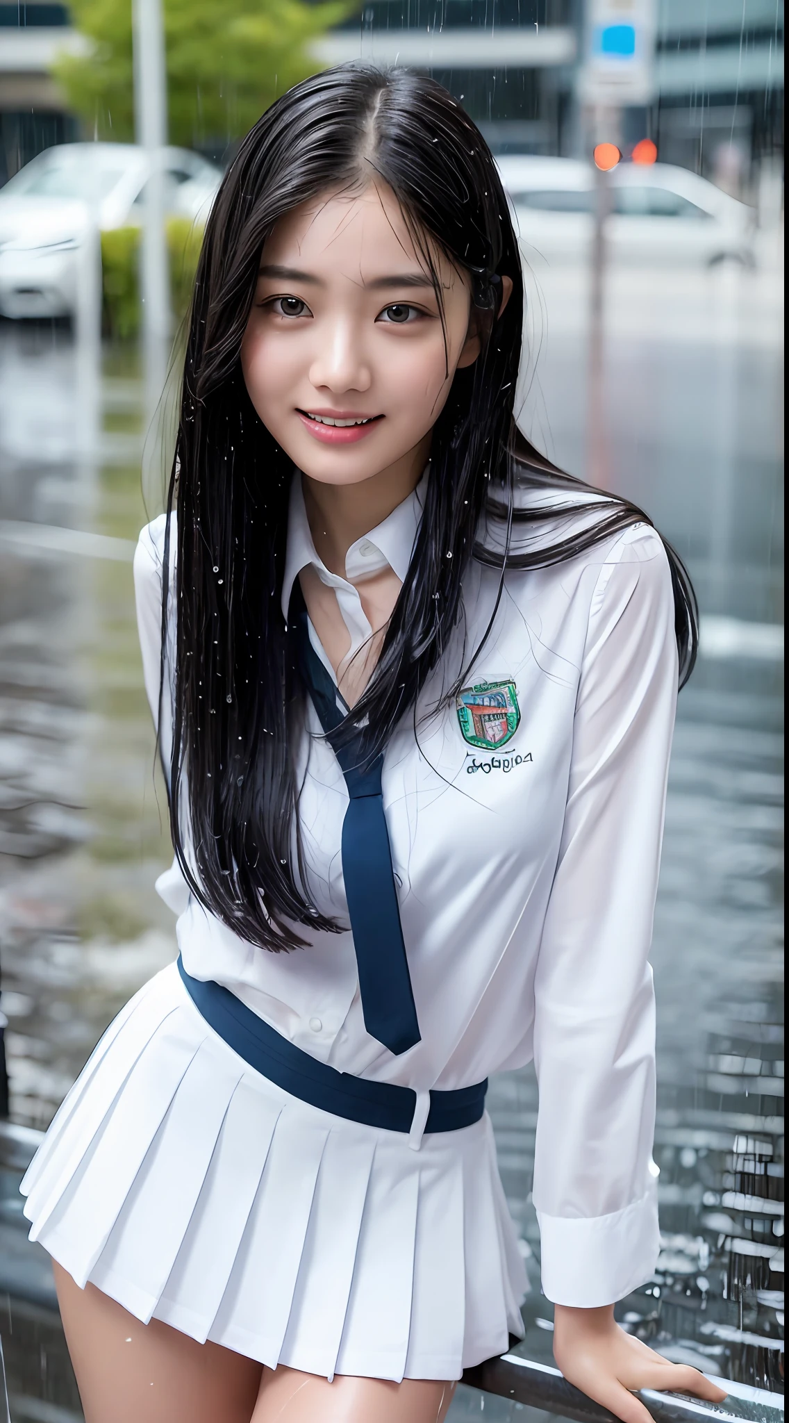 ((Top Quality, 8K, Masterpiece: 1.3)), (high detail: 1 in 1), (Focus on face),buttocks: 1.2, (Perfect Body Beauty: 1.4), ((Layered Haircut, Chest: 1.4)), (Rain:1.6), (in Street), (Wearing a (wet:1.4) white school Uniform with miniskirt and Loose Tie), Very detailed face and skin texture, narrow eyes, double eyelids, whitening skin, long hair, (Shut up: 1.3), smile,extra, real photo, psd, lamp film photography, sharp focus, contrast lighting, detailed skin, high resolution 8k, crazy detail, realistic, professional photography, 8k uhd, SLR camera, soft lighting, high quality, film grain, fujifilm XT3,