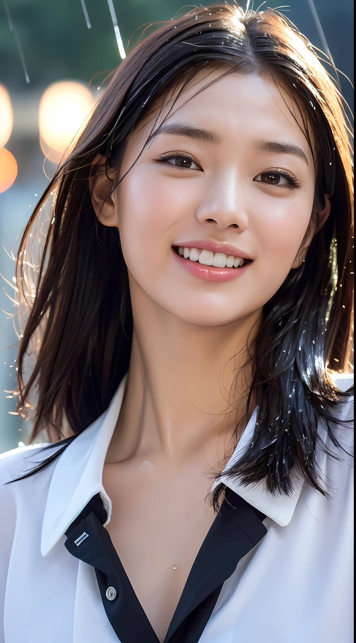((Top Quality, 8K, Masterpiece: 1.3)), (high detail: 1 in 1), (Focus on face),buttocks: 1.2, (Perfect Body Beauty: 1.4), ((Layered Haircut, Chest: 1.4)), (Rain:1.6), (in Street), (Wearing a (wet:1.4) white school Uniform with miniskirt and Loose Tie), Very detailed face and skin texture, narrow eyes, double eyelids, whitening skin, long hair, (Shut up: 1.3), smile,extra, real photo, psd, lamp film photography, sharp focus, contrast lighting, detailed skin, high resolution 8k, crazy detail, realistic, professional photography, 8k uhd, SLR camera, soft lighting, high quality, film grain, fujifilm XT3,