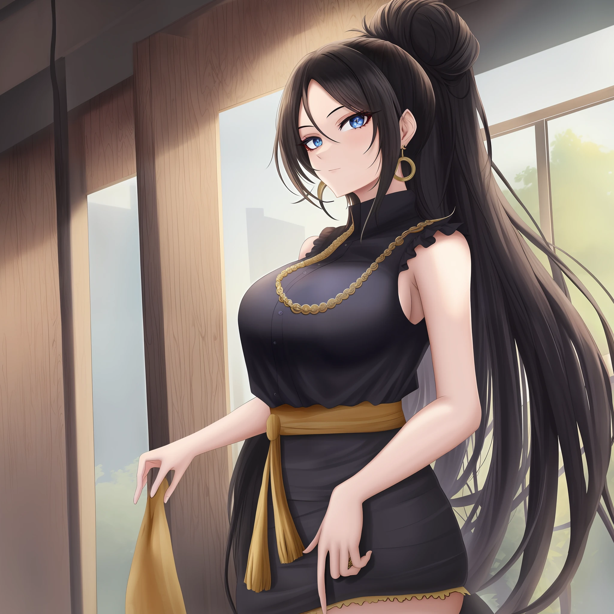 Chichi_DBZ, black_eyes, long black hair, hair_bun, big_breasts, jewelry, earrings, blue eyes,