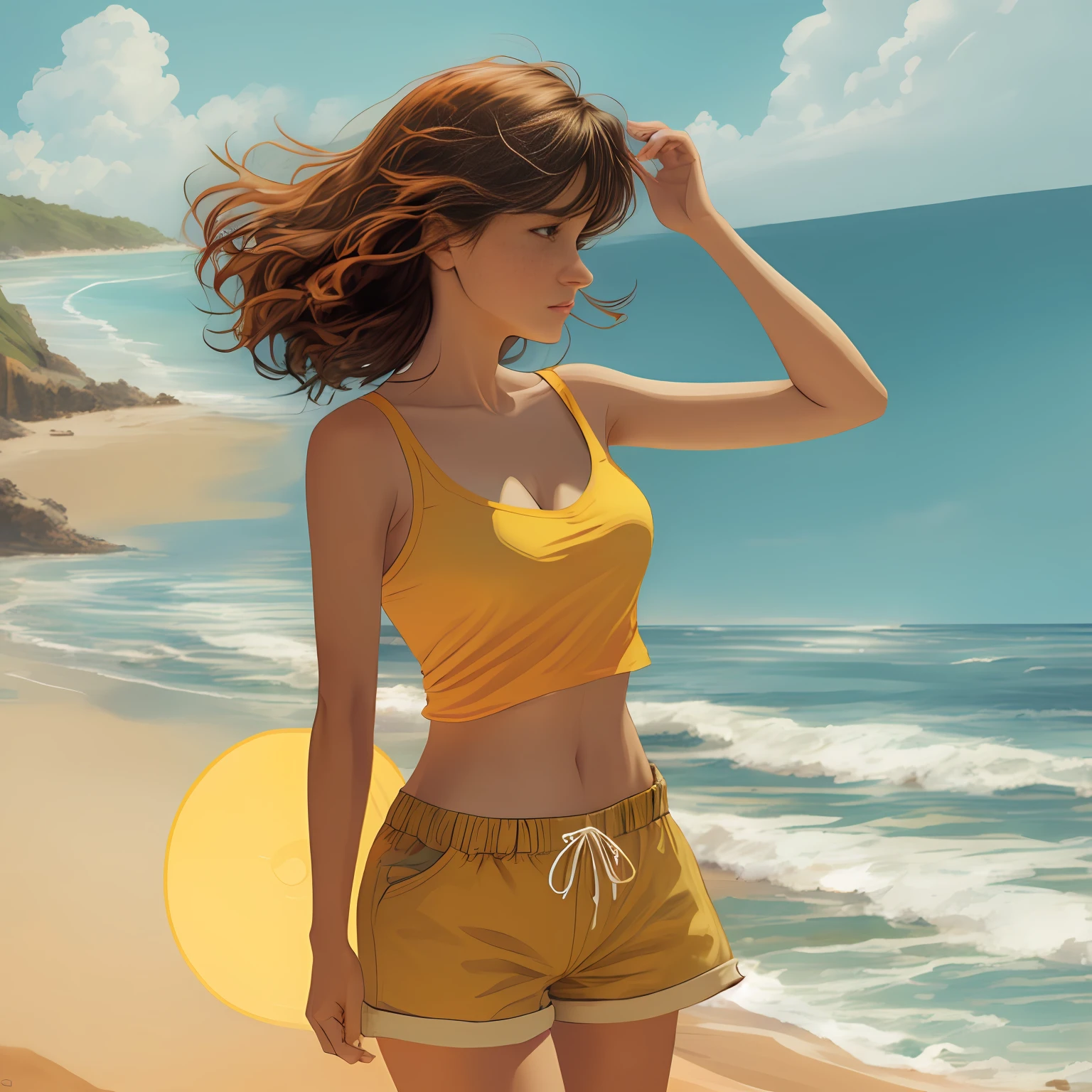 Woman in a yellow top and shorts on a beach