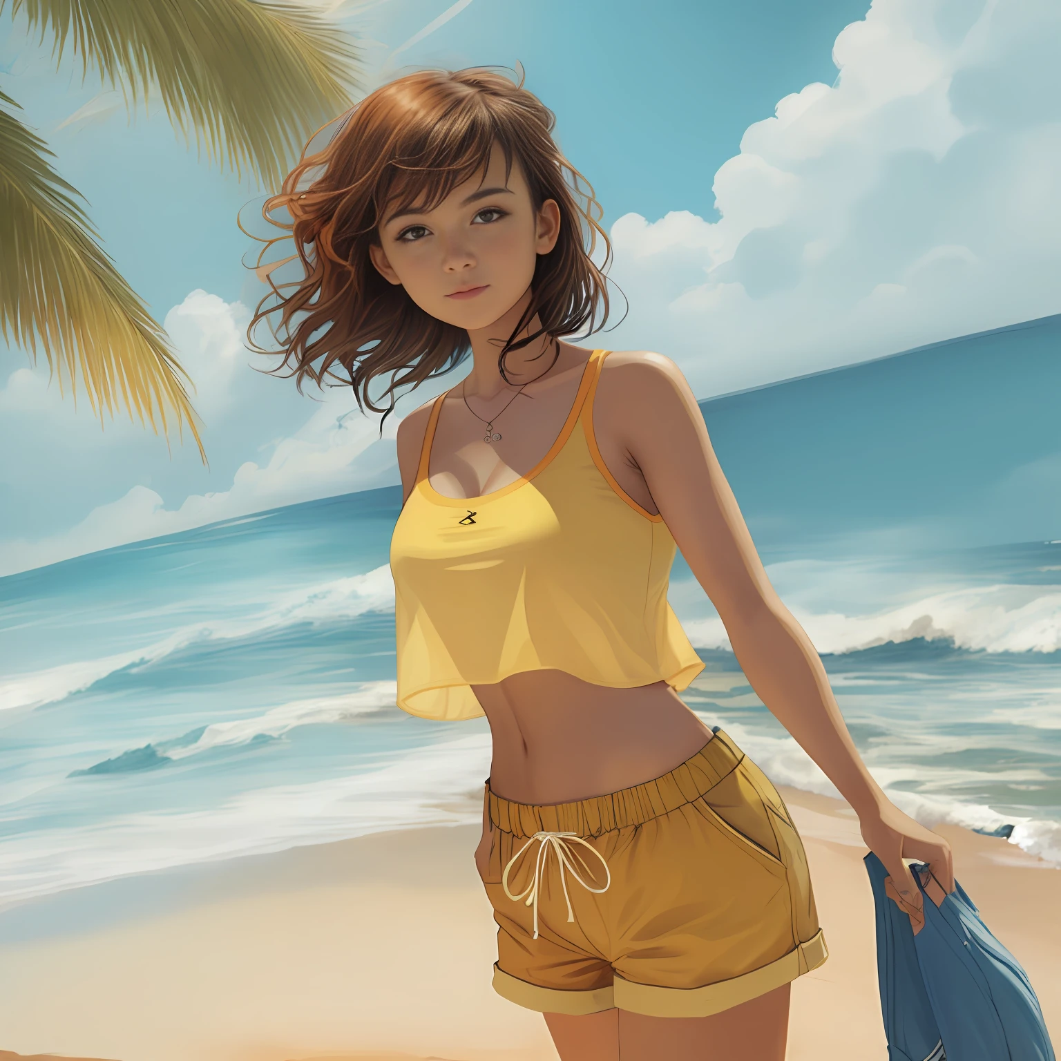 Woman in a yellow top and shorts on a beach
