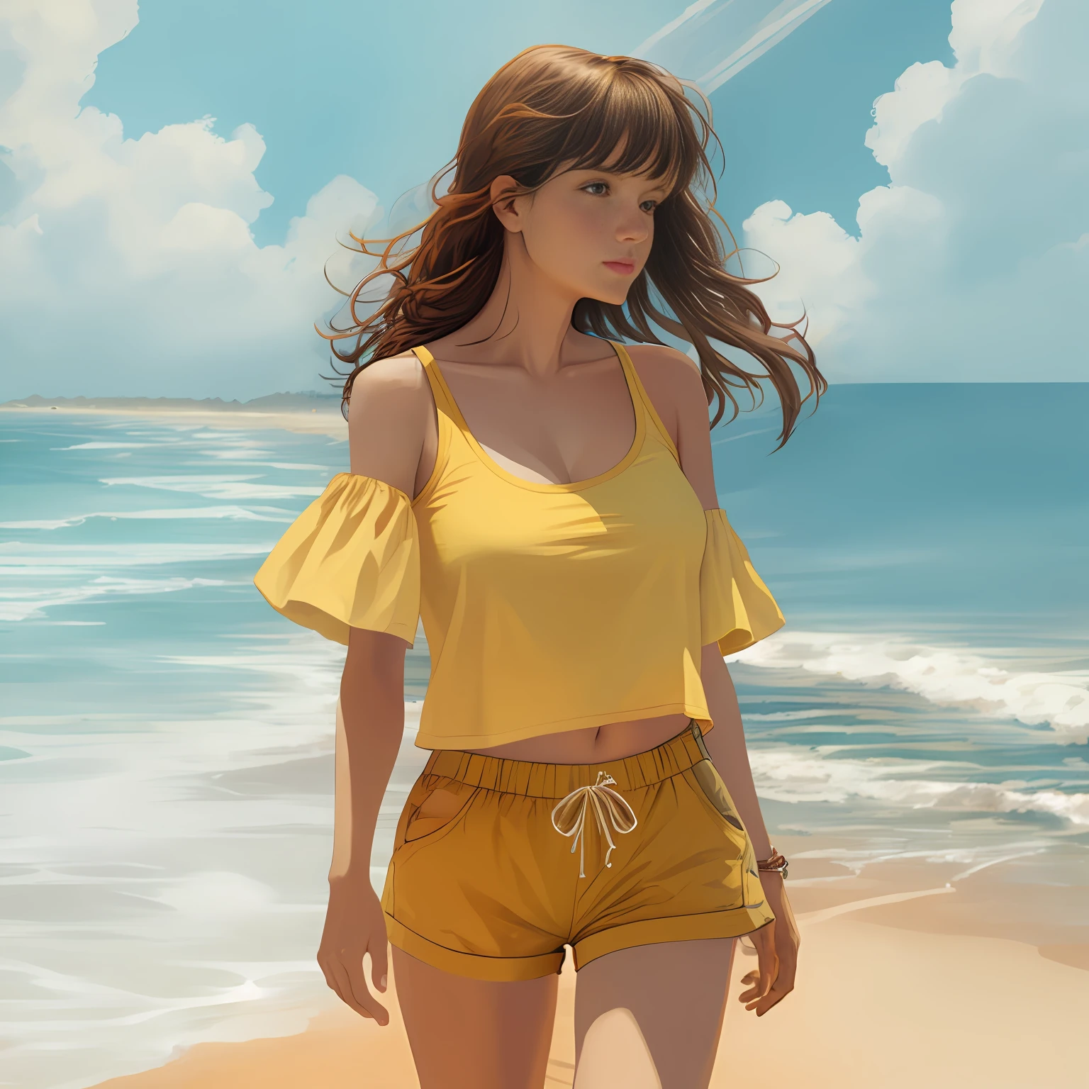Woman in a yellow top and shorts on a beach