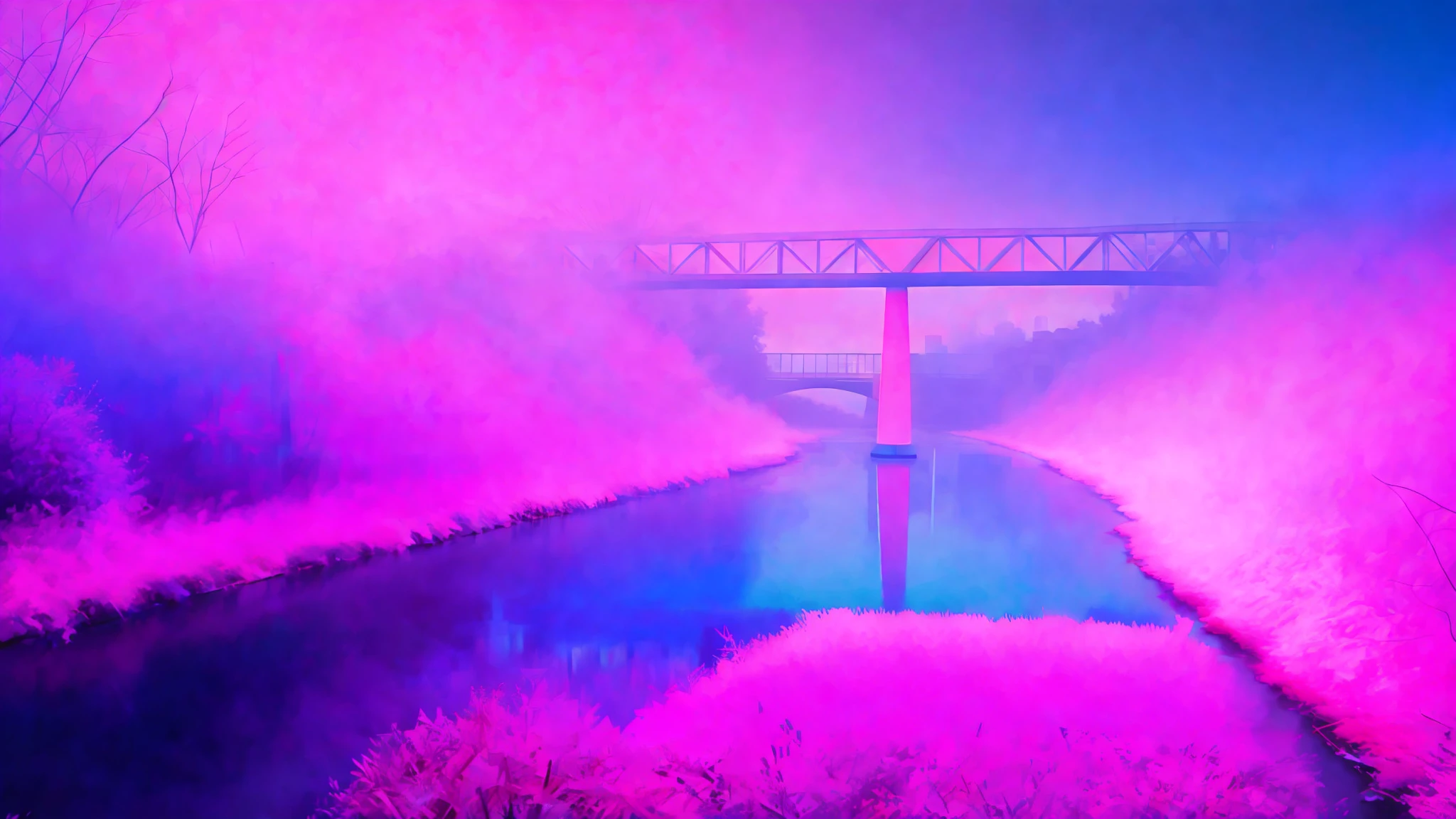 abstract art, pink and blue, technological traces, illuminated bridge, cyberpunk