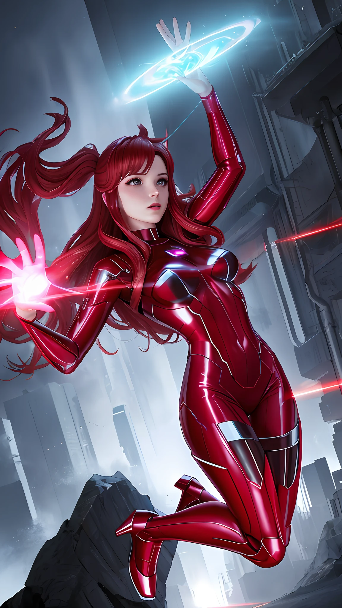 Wanda the scarlet witch, releasing from her hands red magic, sexy, perfect body, ((transparent plastic clothing)), fire involving the character, cyberpunk, fitnes model, thin, side position, photography, diffuse side lighting, soft details, octane, artstation trend, luminous particles in the air, scary scenery, ultra high detail, ultra realistic, cinematic, dark scenery, fog at night, unreal engine engine, 16k, ((by Marvel))