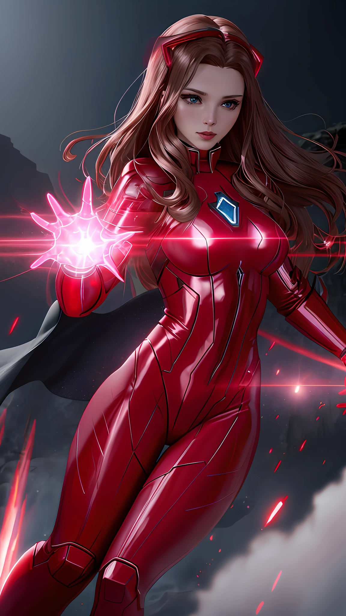 Wanda the scarlet witch, releasing from her hands red magic, sexy, perfect body, ((transparent plastic clothing)), fire involving the character, cyberpunk, fitnes model, thin, side position, photography, diffuse side lighting, soft details, octane, artstation trend, luminous particles in the air, scary scenery, ultra high detail, ultra realistic, cinematic, dark scenery, fog at night, unreal engine engine, 16k,  ((by Marvel))
