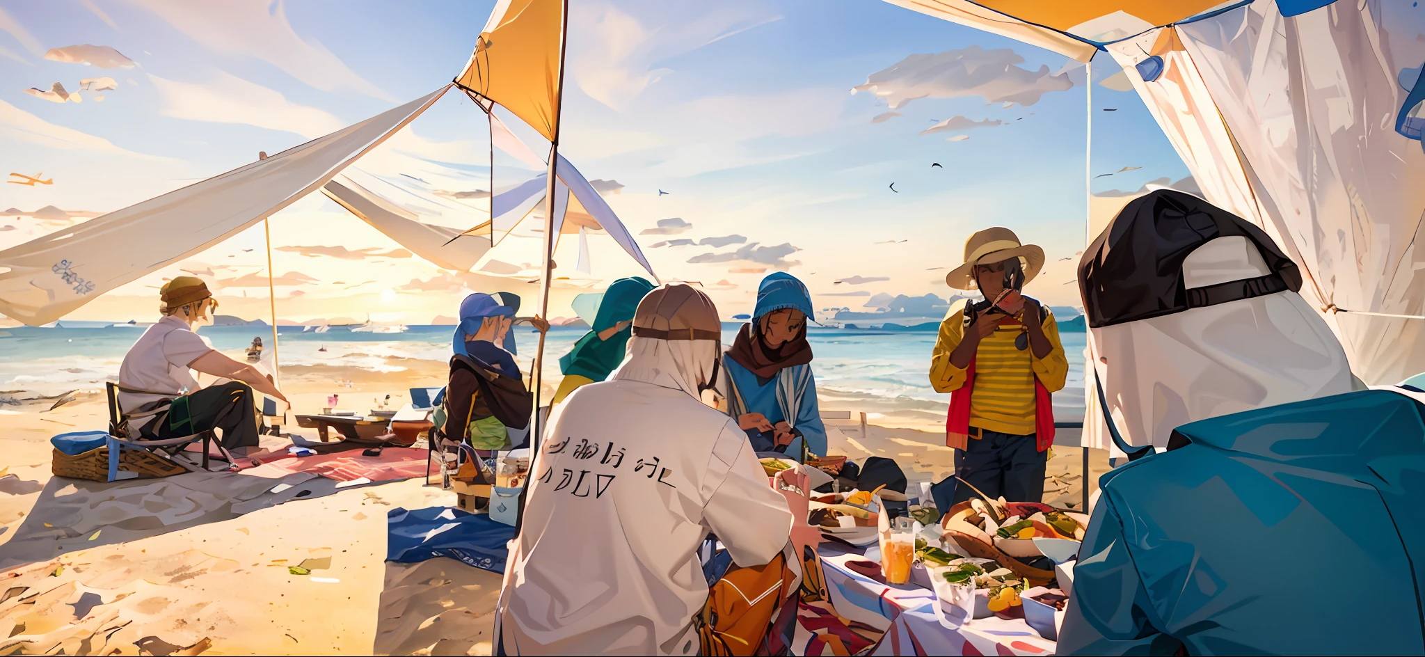 people sitting at a table on the beach near a tent, having a good time, people in beach, on a sunny day, at the beach, people on a picnic, having a great time, 🪔 🎨;🌞🌄, people outside eating meals, sunny day time, sunny day at beach, sunny day, sunny environment, beautiful sunny day