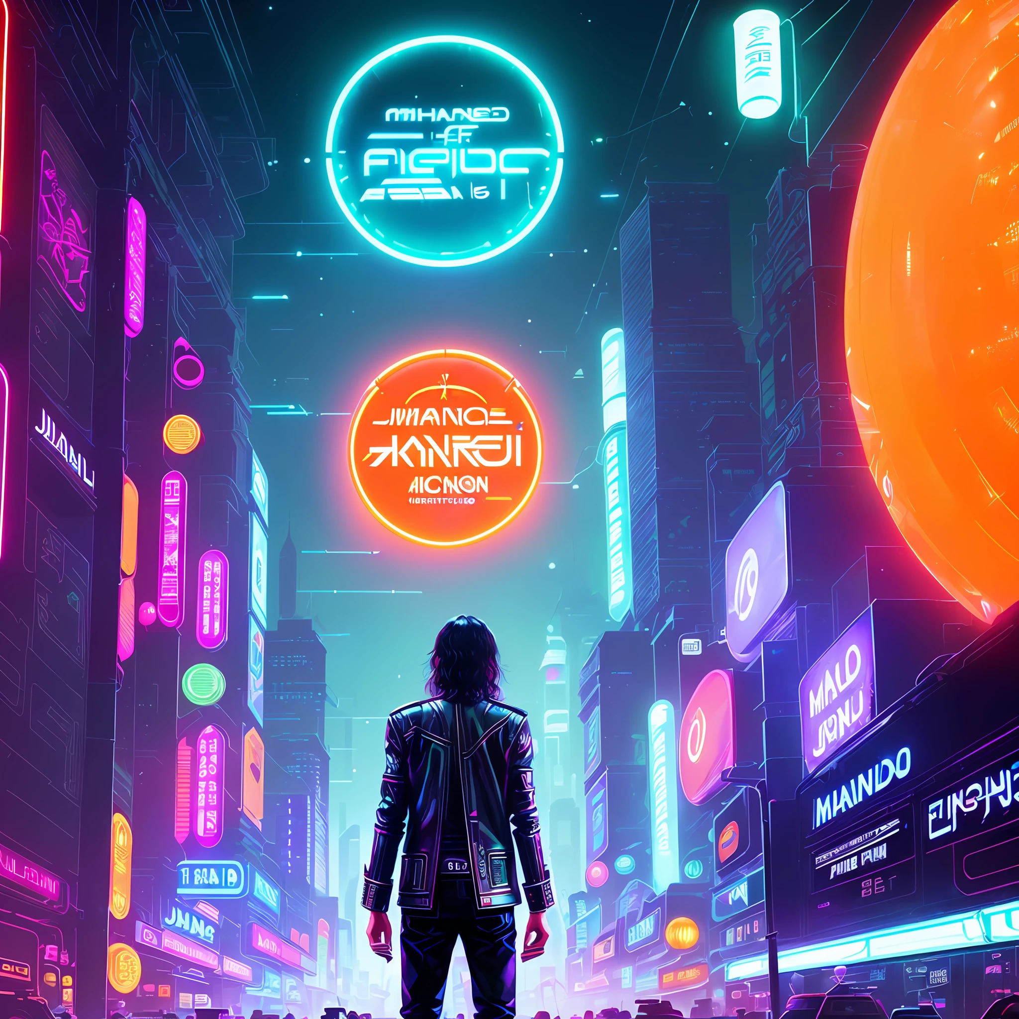 a person standing in front of a wall of neon-lit text, inside an elven city, concept art, by Emiliano Ponzi, by Chris Ware, criteria collection, concept art, dystopian, science fiction, ((8k, high resolution, ultra detailed)), (((sharp lines))), (((perfectly round cropping in the middle of the screen))) ((((king of pop))) ((((futuristic cars))) (((Mandarin ads on LED panel))) (((similar man Michael Jackson))) (((bilie Jean))) ((((futuristic clothes)))