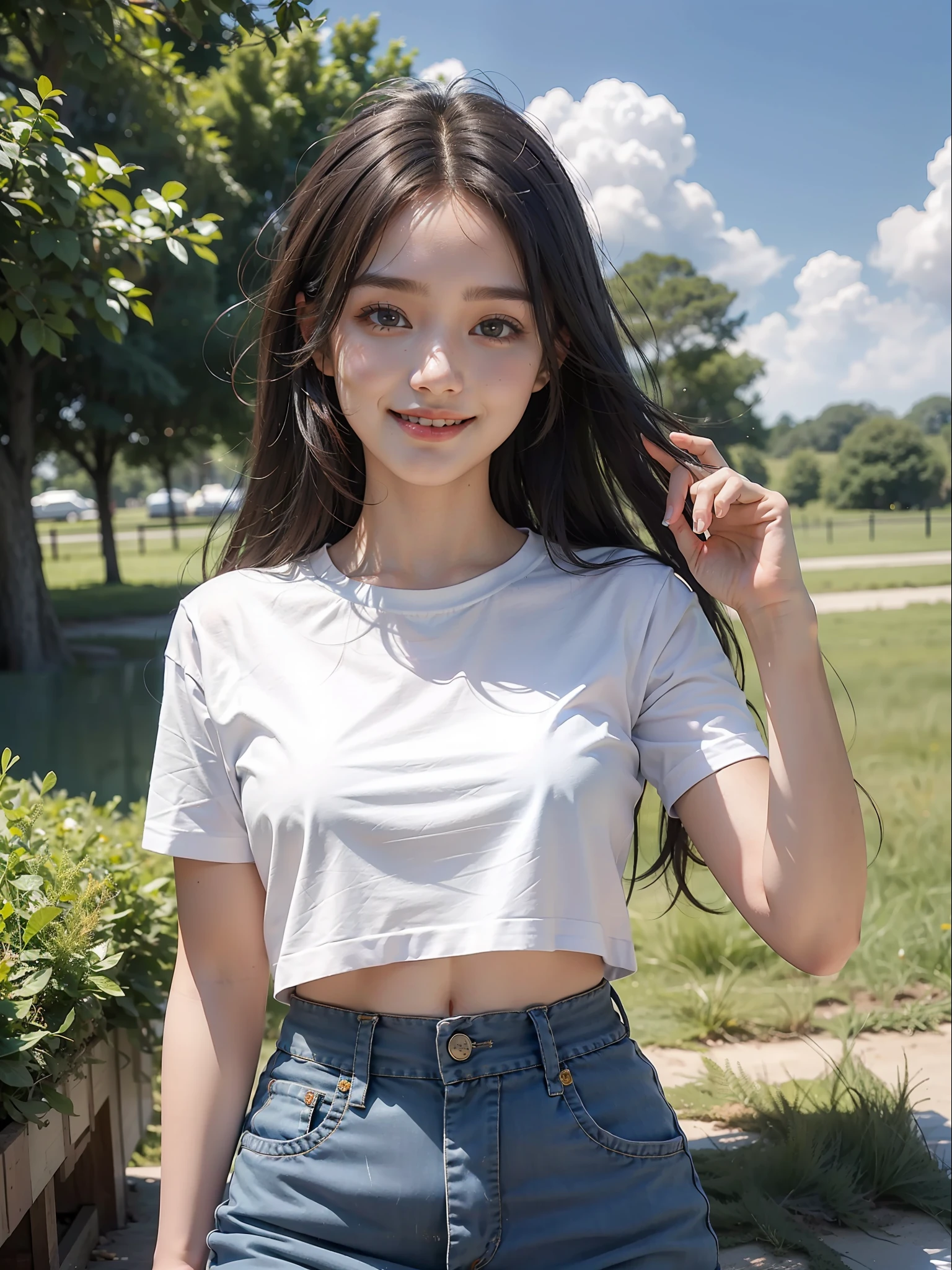 Top Quality, Masterpiece, Ultra HD, Photorealistic, 1girl, Blue Sky, Pure White T-Shirt, Cute Mini Skirt,Smile,23 Years Old,Big,