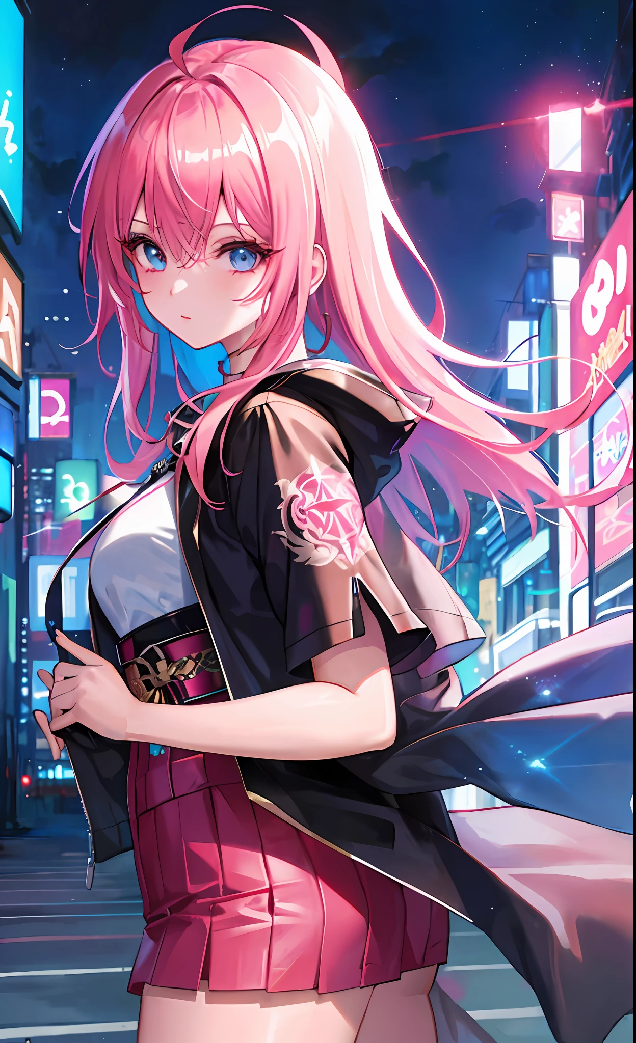 masterpiece, best quality, ultra-detailed, texture, detail eyes,8k, 1girl, Sukuna, a girl with pink hair,wearing a white haori, tattoo_ryoumen, tattoo_on_his_face, looking at viewer,close up shot, detailed eyes, detailed face, (masterpiece:1.4),(best quality:1.4),(shiny skin),realistic, bright, neon lights, night, midnight, city, cyberpunk, light , highest quality digital art, official art for jjk