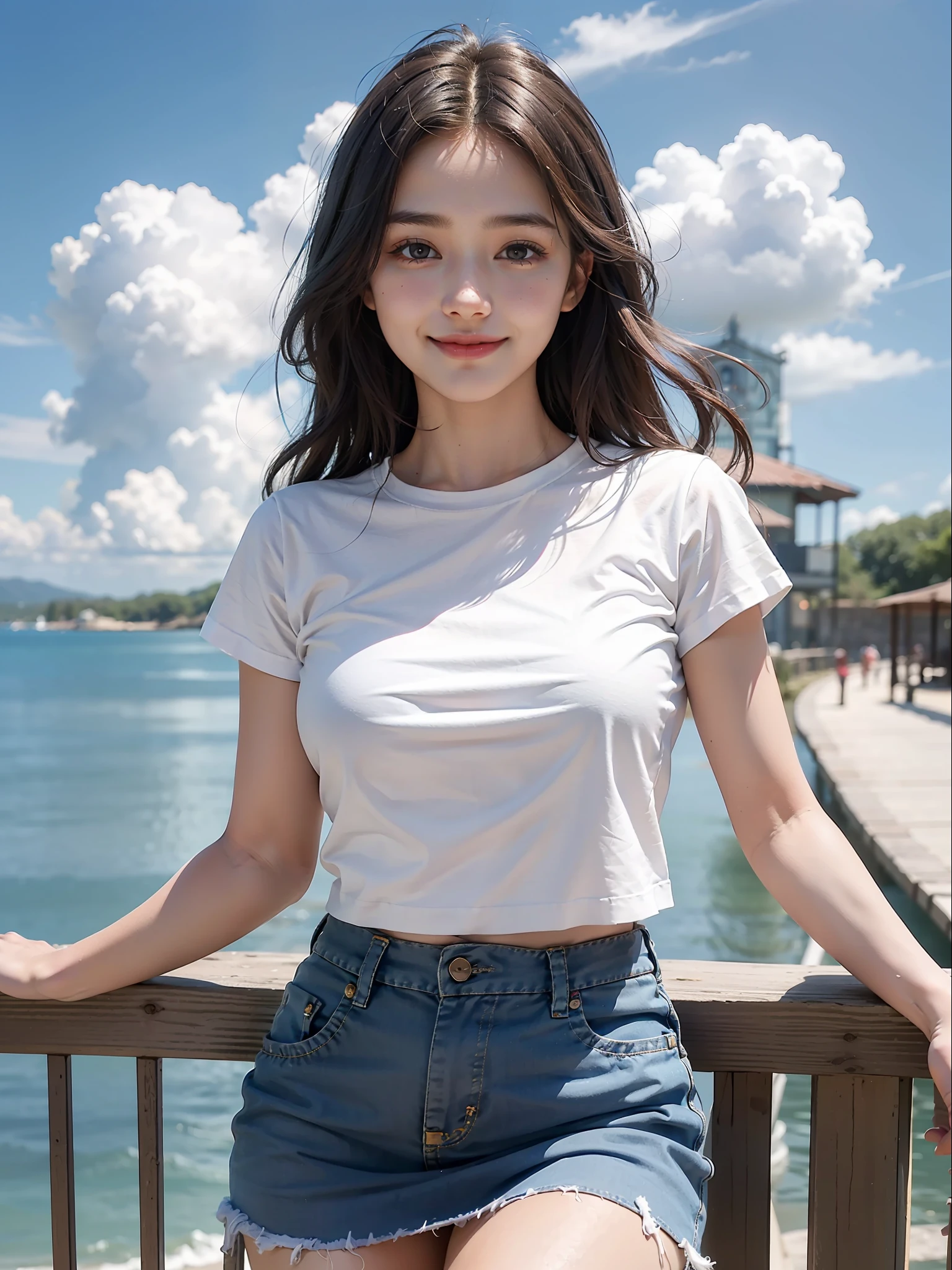 Top Quality, Masterpiece, Ultra HD, Photorealistic, 1girl, Blue Sky, Pure White T-Shirt, Cute Mini Skirt,Smile,23 Years Old,Big,