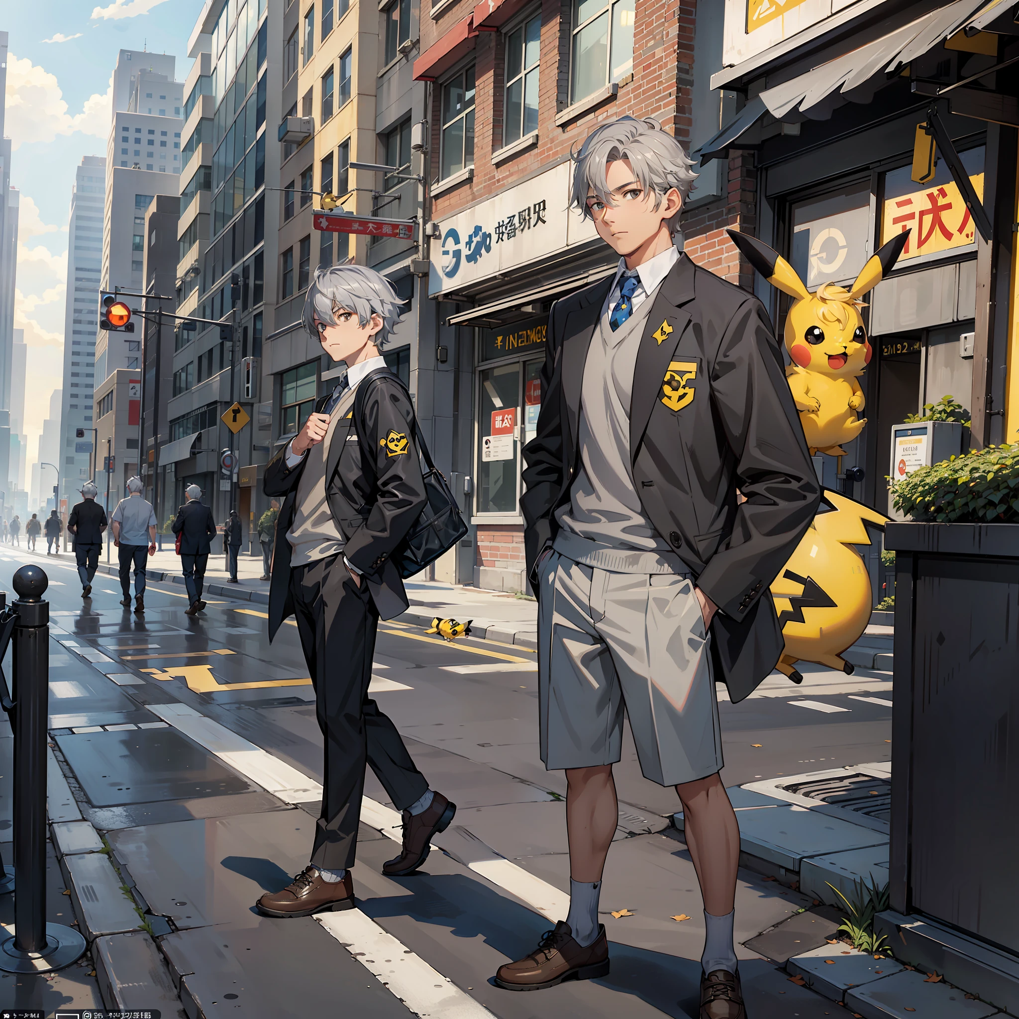 (Masterpiece: 1.2, Best Quality), Street, Outdoor, A Man, Male, Gray Hair, Short Hair, School Uniform, A Big Mouse at His Feet, A Pikachu Next to His Side