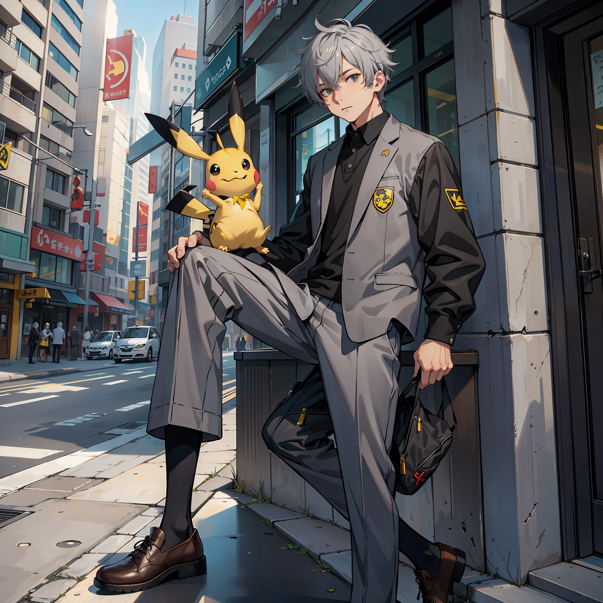 (Masterpiece: 1.2, Best Quality), Street, Outdoor, A Man, Male, Gray Hair, Short Hair, School Uniform, A Big Mouse at His Feet, A Pikachu Next to His Side