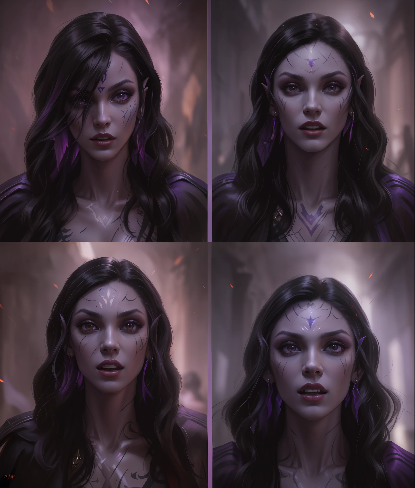 (((Masterpiece))), (((Best Quality: 1.4))), ((Super Detail: 1.4)) , hyper detailed gouache painting of a female Tiefling, multiple frames, furious facial expressions on her face, detailed expressions on her face, gorgeous exotic features, long black hair, hyper detailed face features, detailed textures, light purple skin tone, tattoos, natural skin shader, volumetrics, warm undertones on her skin, ultra High resolution