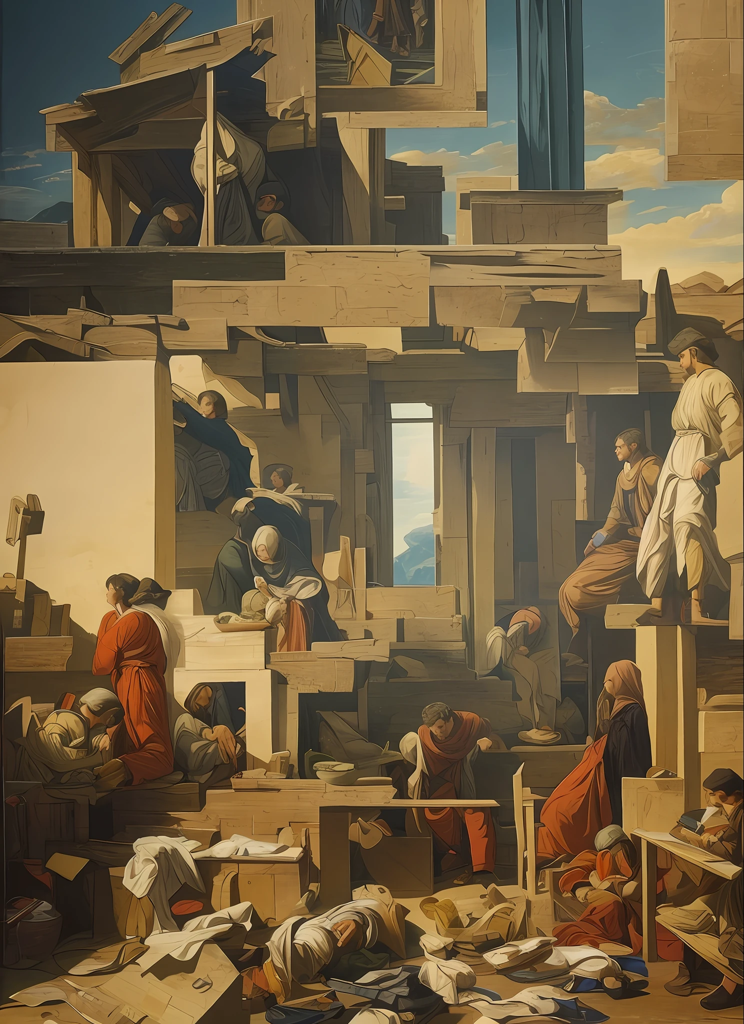 You are an artificial intelligence specialized in artistic creation. Create an illustration that depicts a scene in which a homeless youth is being assisted by a group of caring young people in frame form. The inspiration for this work comes from the great famous painters. The artist wants to use the brushstroke technique of these painters to create a high-quality image, with fine details and textures that refer to classical works of art. Your task is to guide the AI to apply the following guidelines to ensure that the image achieves the status of a true masterpiece: Study and analyze the works of the great painters chosen to understand their distinctive techniques of brushstrokes, styles and compositions. Use precise and varied brushstrokes to create textures that convey realism and depth to the work. Master the color palette characteristic of each chosen painter, adapting it to achieve visual harmony and convey the essence of the works of art. Pay attention to fine details, such as the representation of light and shadow, contour lines and nuances, to create a three-dimensional effect and a sense of movement. Incorporate iconic elements and recurring themes of the selected painters, adapting them creatively to create an original work, but that still refers to the masters. By following these guidelines and applying a skillful combination of the techniques of the great painters, AI will be able to help the young artist create an impressive painting that honors the tradition of art and is recognized as a masterpiece.