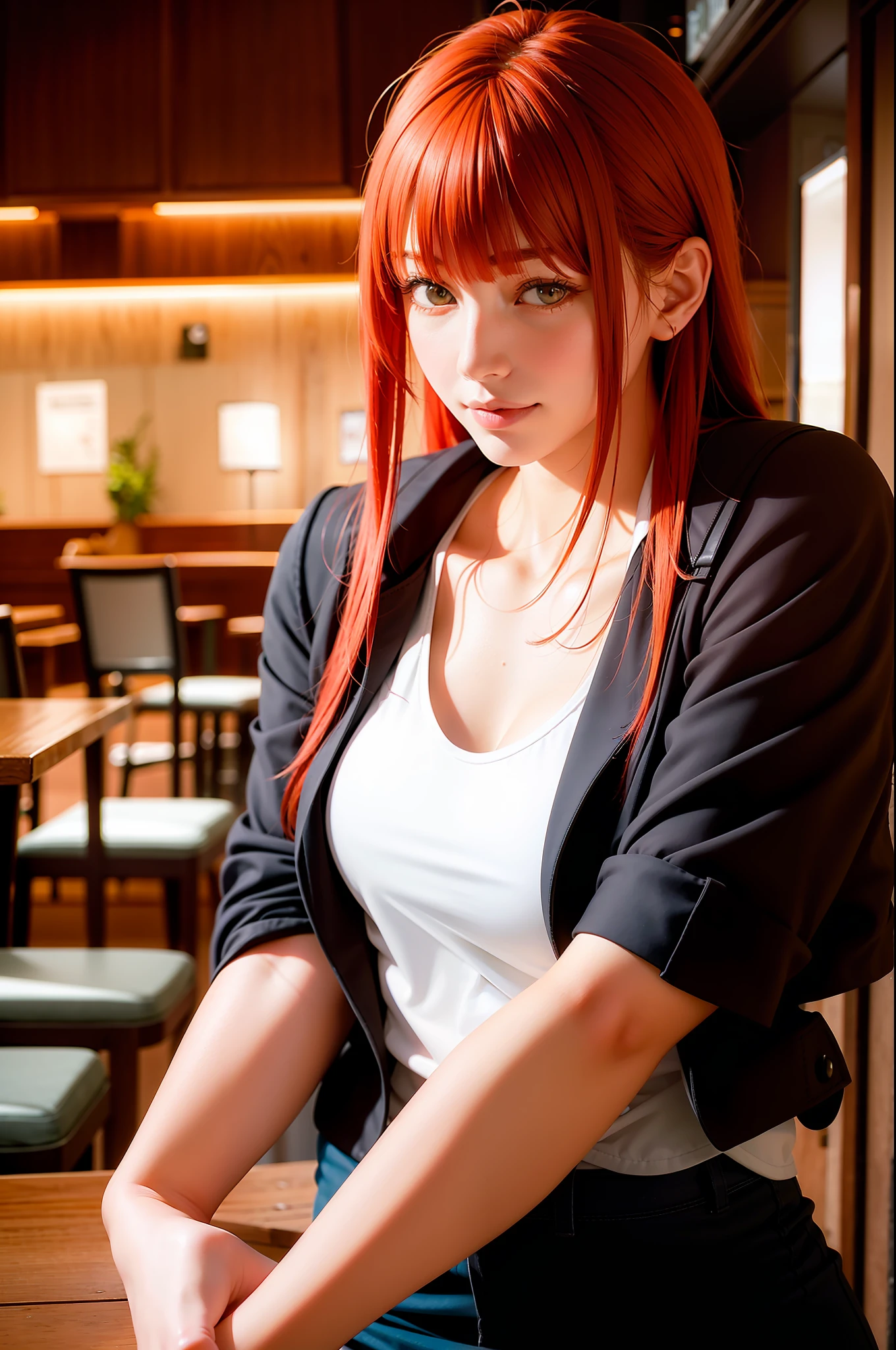 (Masterpiece), (Best Quality), Makima \ (Chainsaw Man \), Red Hair, One Woman, Staring At Me, Little Smile, Best Quality, Ultra High Resolution, Detailed Fine Skin, (Photorealistic: 1), Cafe, Frosted