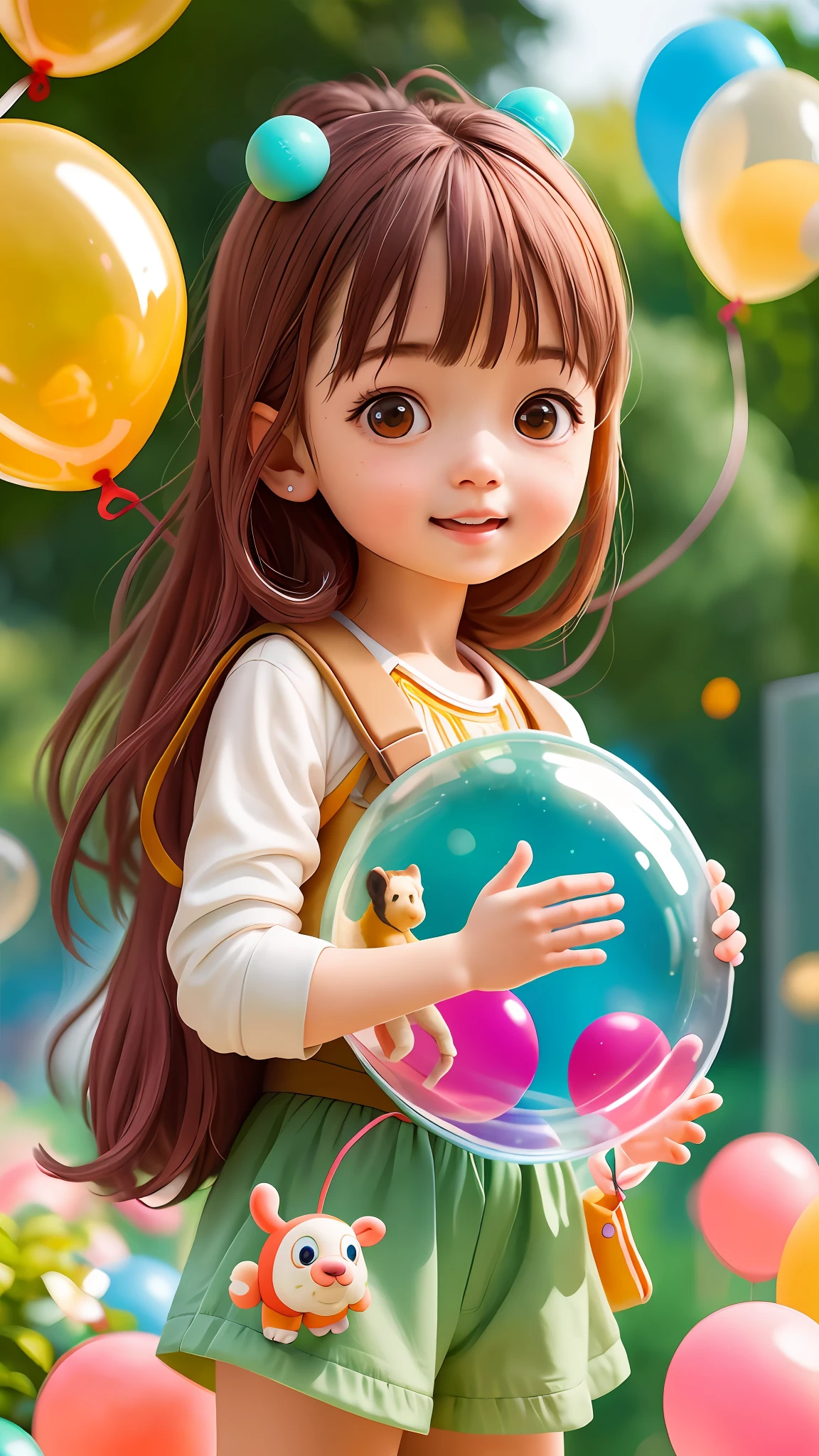 A girl with a zoo, many balloons, happy, happy, perfect quality, clear focus (clutter-home: 0.8), (masterpiece: 1.2) (Realistic: 1.2) (Bokeh) (Best quality) (Detailed skin: 1.3) (Intricate details) (8K) (Detail eyes) (Sharp focus), (Happy)