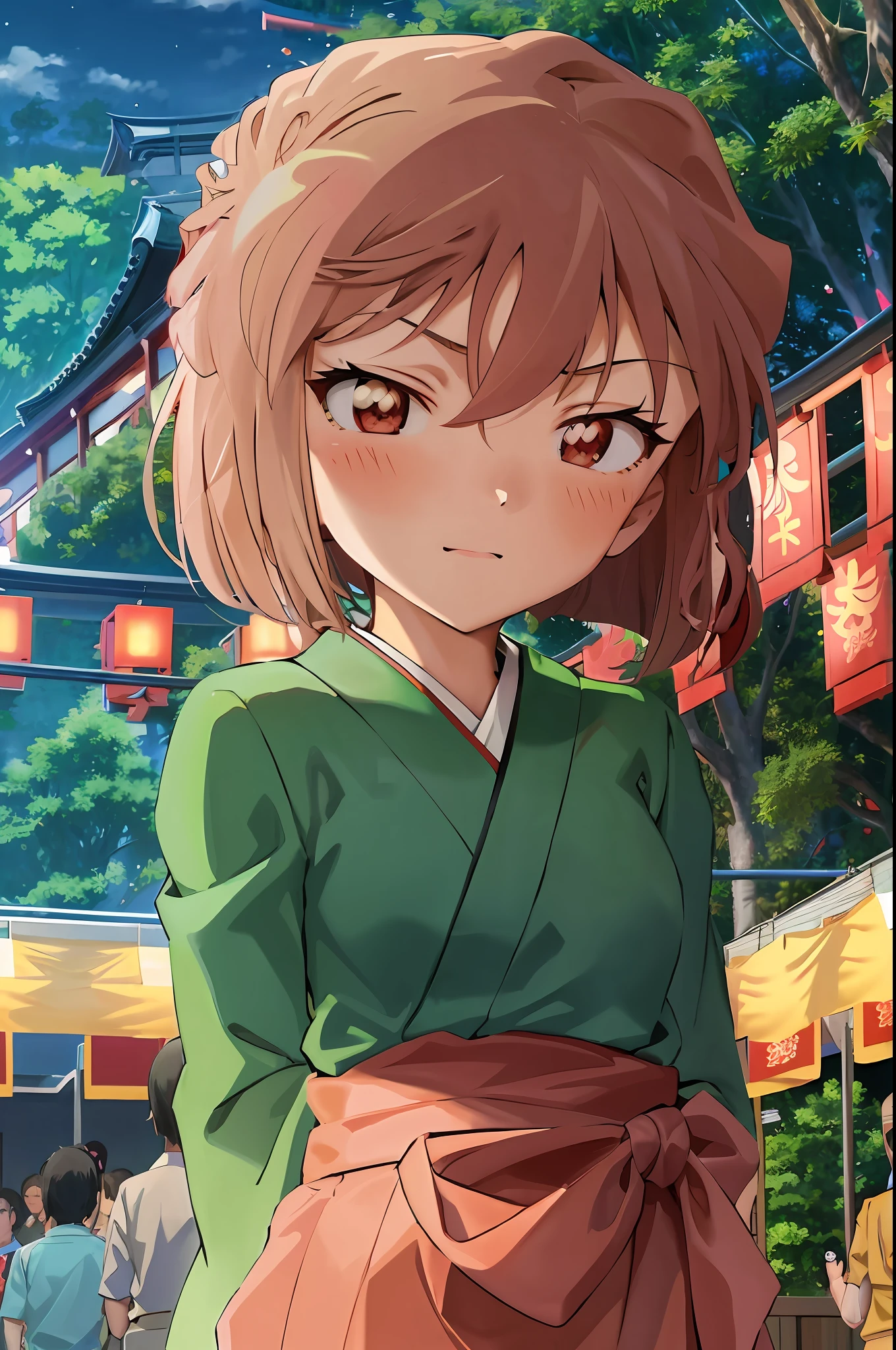 anime girl in sakura-patterned kimono standing in front of temple during summer festival, anime artstyle, blushing, medium breast