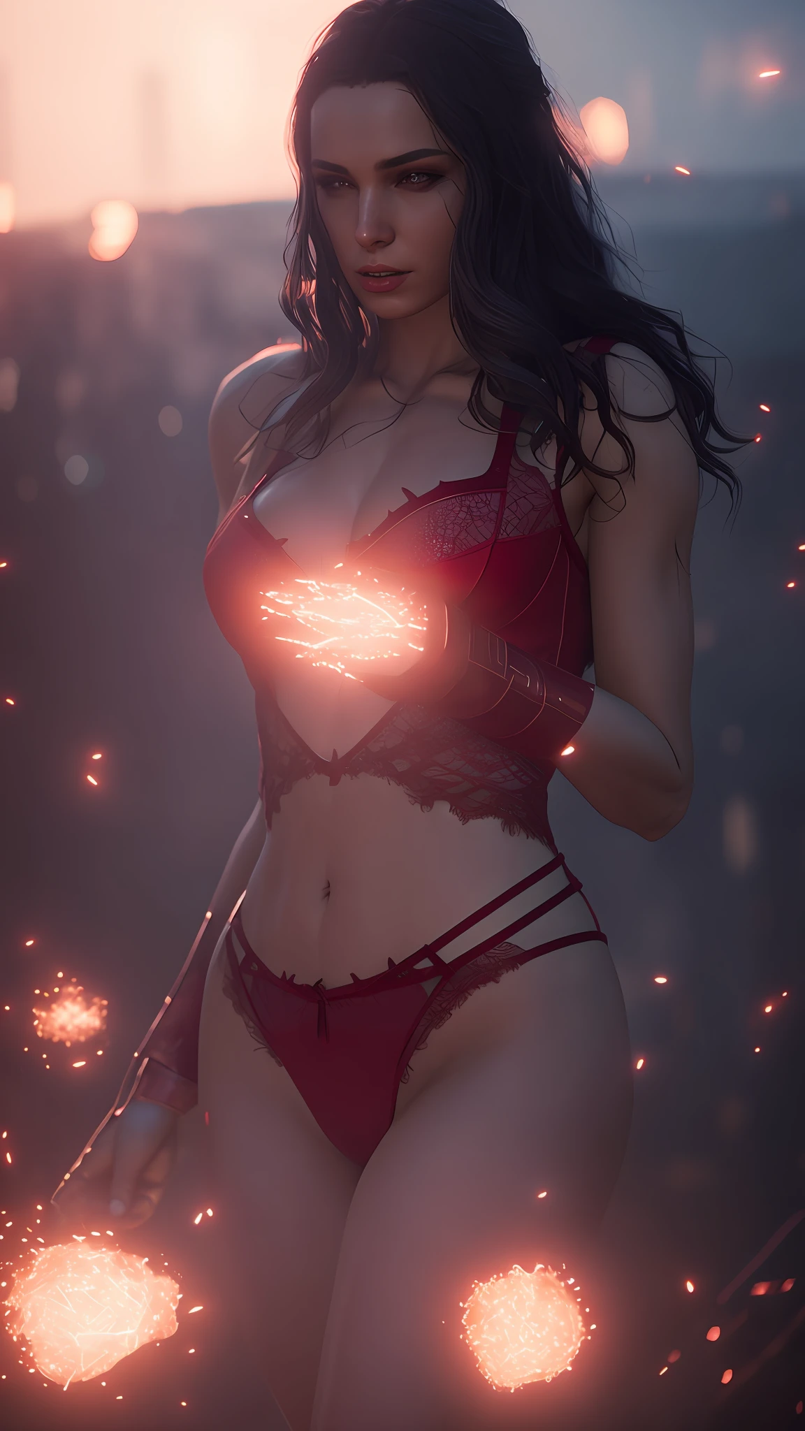 Wanda the scarlet witch, releasing from her hands magic red, sexy, perfect body, ((transparent lingerie)), fire involving the character, cyberpunk, fitnes model, thin, side position, photography, diffuse side lighting, soft details, octane, artstation trend, luminous particles in the air, scary scenery, ultra high detail, ultra realistic, cinematic, dark scenery, fog at night, unreal engine engine, 16k, ((by Marvel))